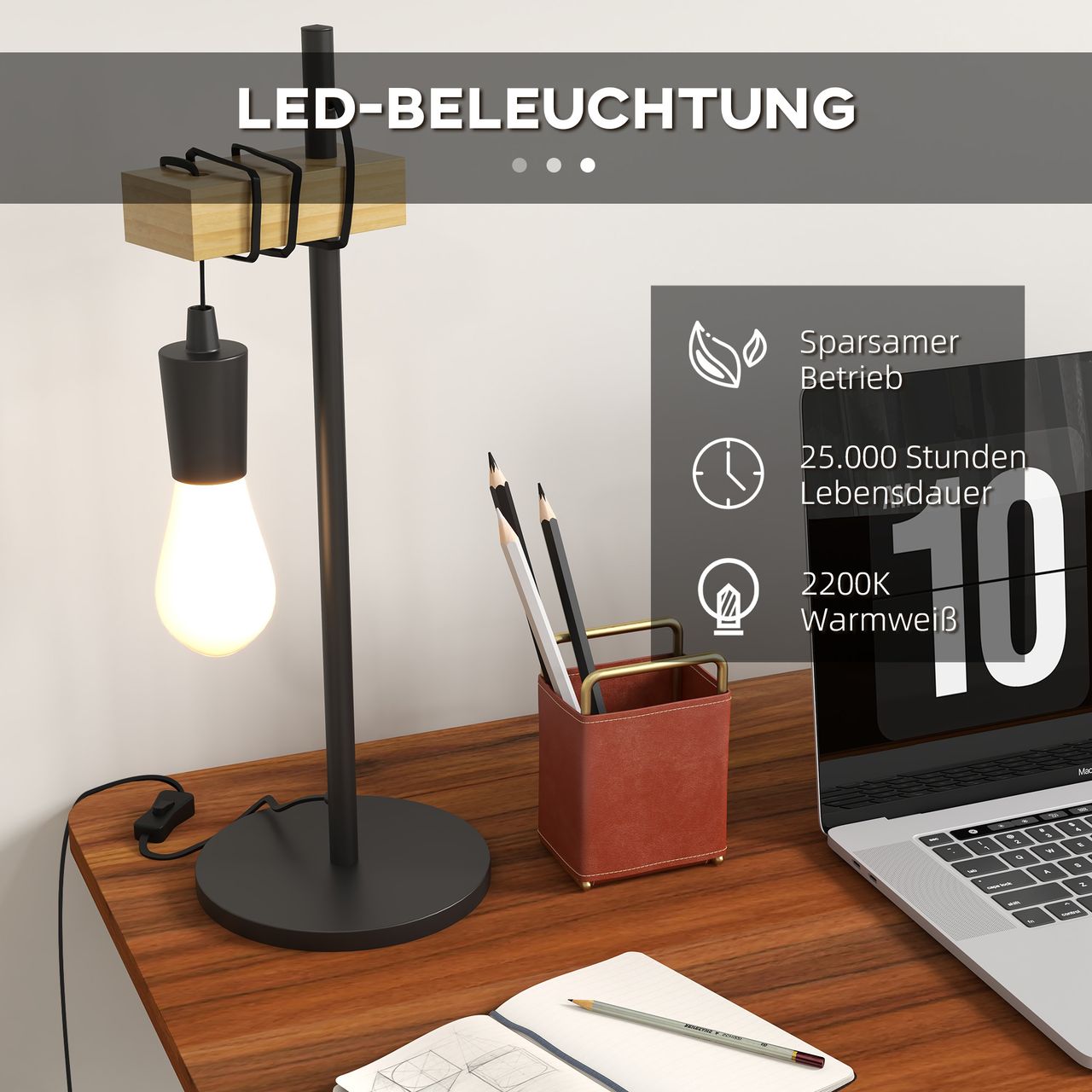 HOMCOM Tischleuchte 40 W Tischlampe, Nachttischlampe im Industrie-Stil Metall