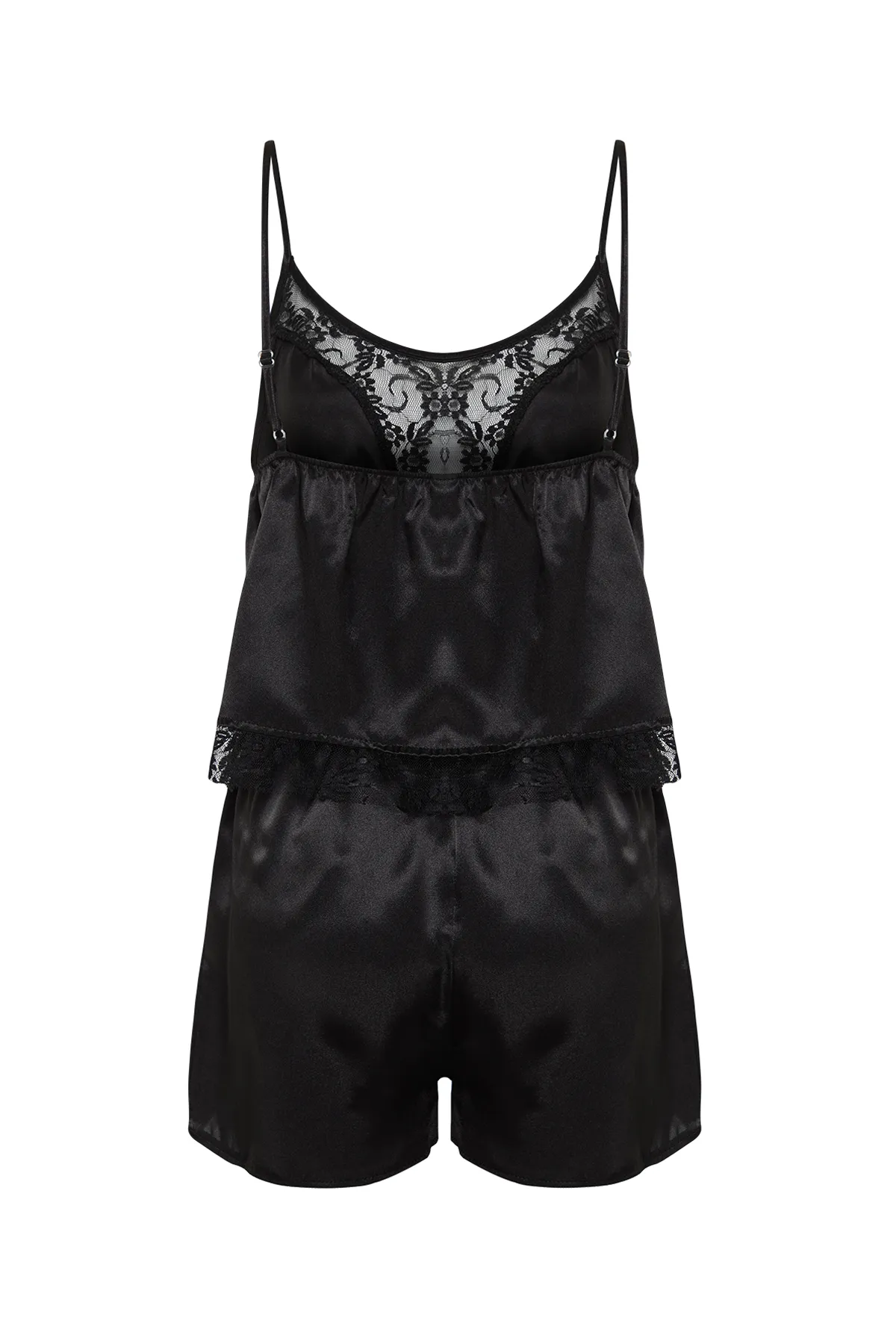 Trendyol Collection  Schwarzes Pyjama-Set aus gewebtem Satin mit Spitzendetails und Seilträgern THMSS24PT00100