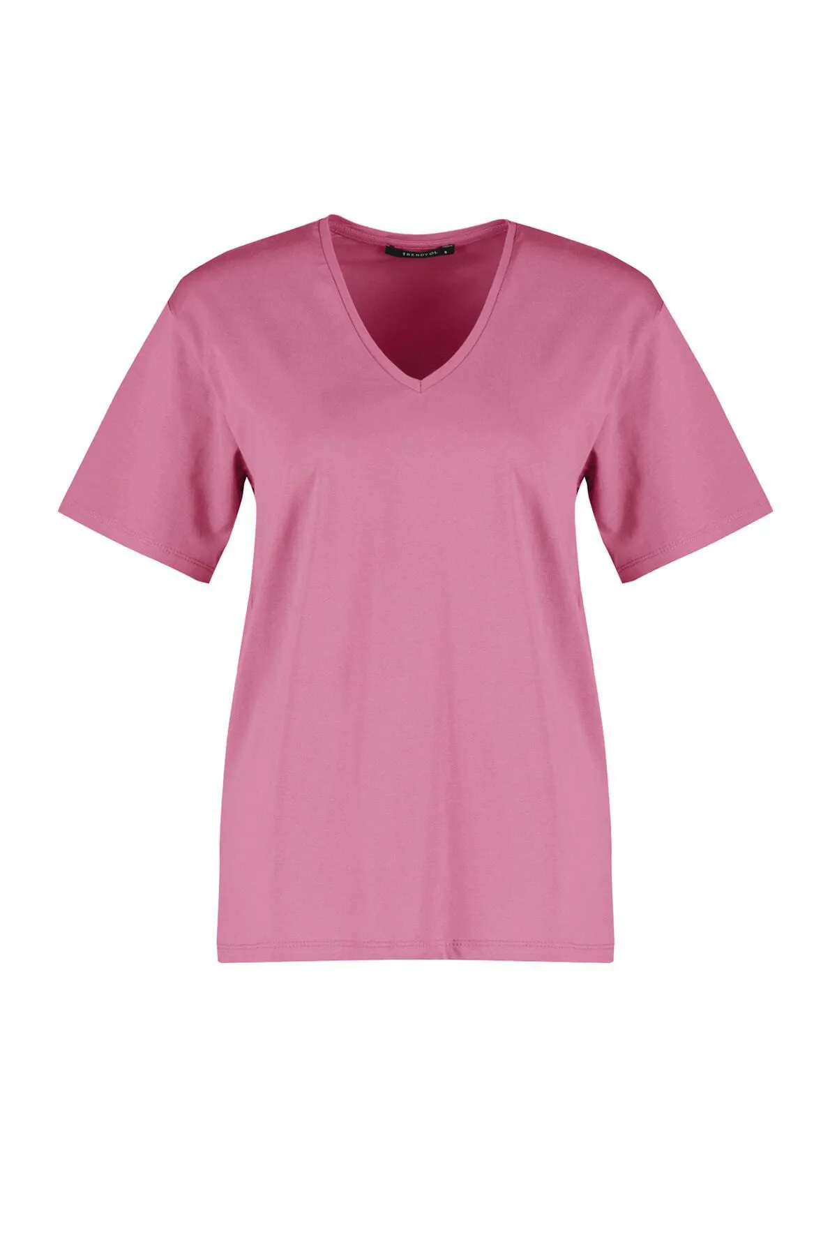 Trendyol Collection  Rosa, 100 % Baumwolle, Oversize/Weite Passform, V-Ausschnitt, Strick-T-Shirt TWOSS23TS00003