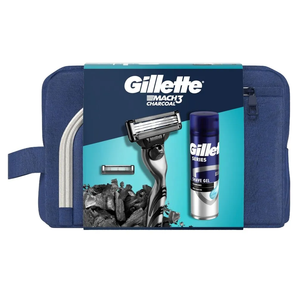Σετ ξυρίσματος Gillette Mach 3 Charcoal για άνδρες + τζελ + θήκη καλλυντικών
