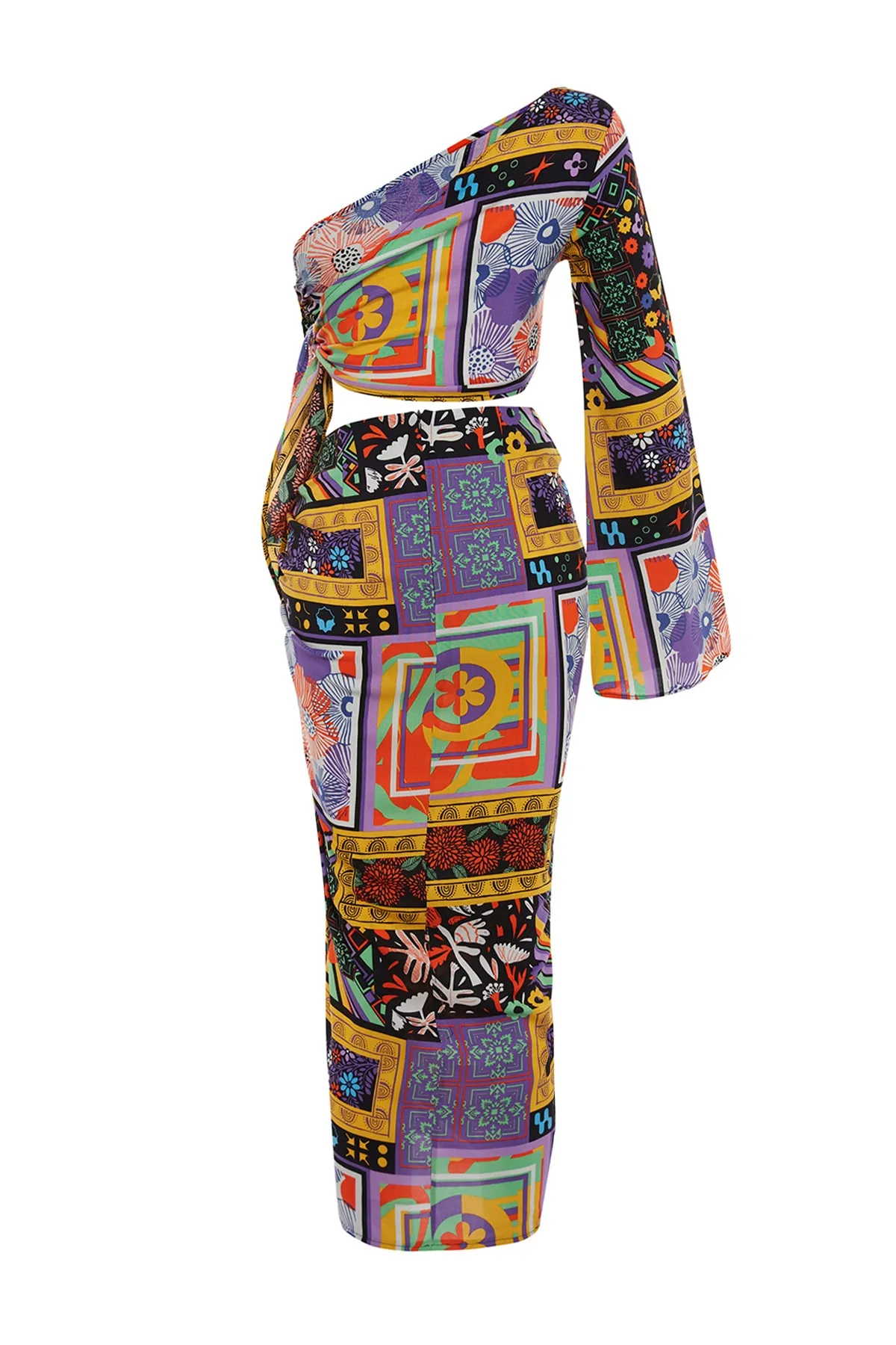 Trendyol Collection  Ethnisch gemustertes, gewebtes, gebundenes Blusenrock-Set mit einer Schulter TBESS23AU00086