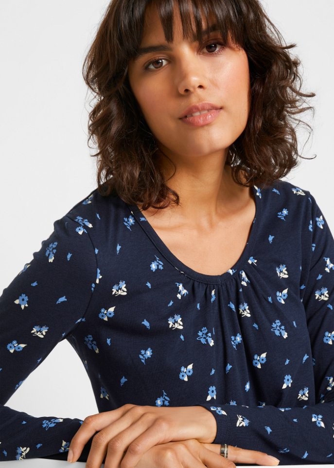 Bedrucktes Zipfel-Shirt mit V-Ausschnitt