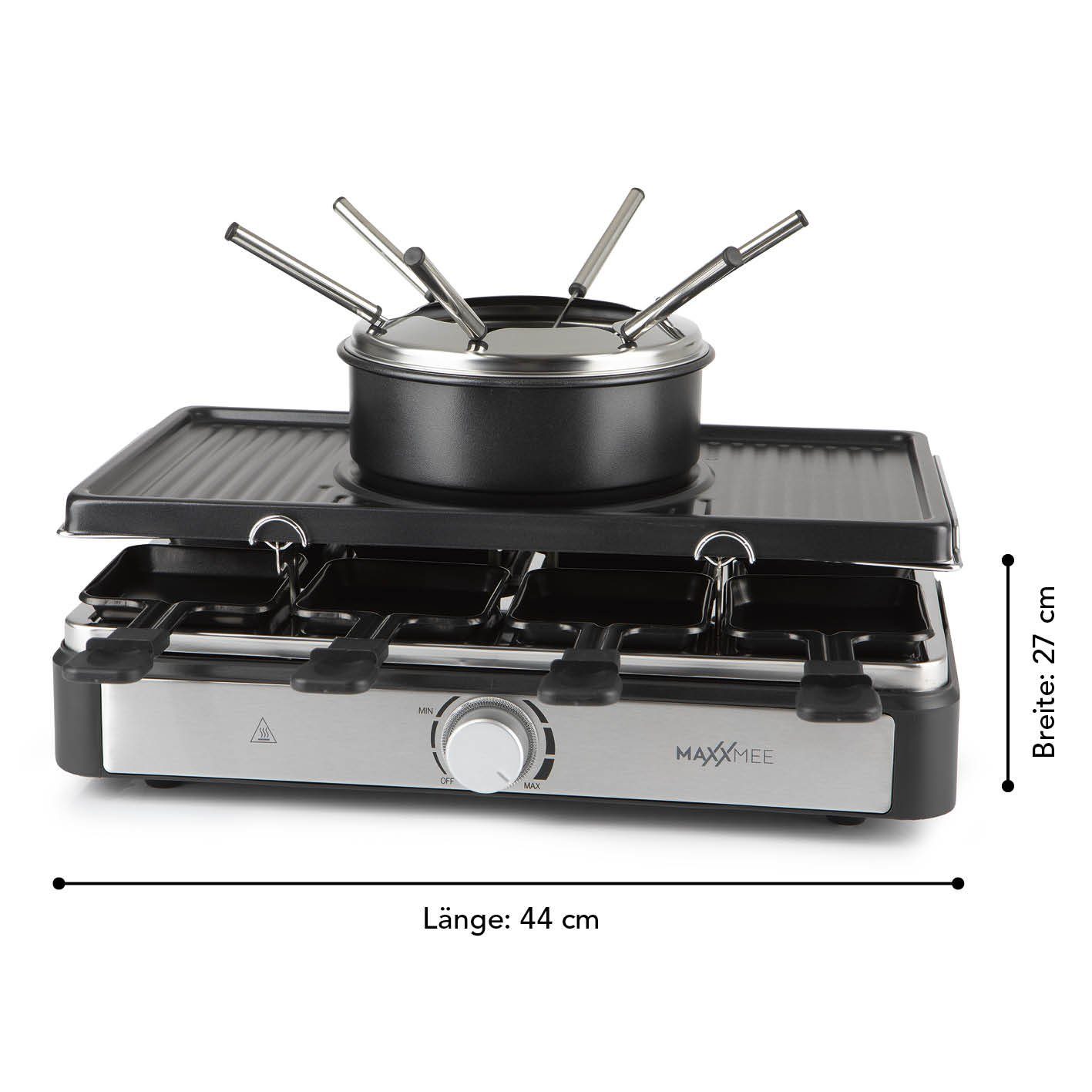 MAXXMEE Raclette und Fondue-Set Antihaft Platte 6 Gabeln & 8 Pfännchen fettarm 44x27cm