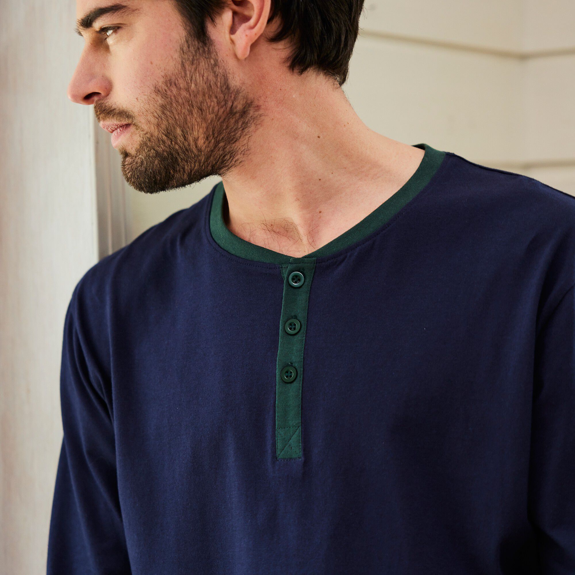 T-shirt pyjama jersey col tunisien manches longues