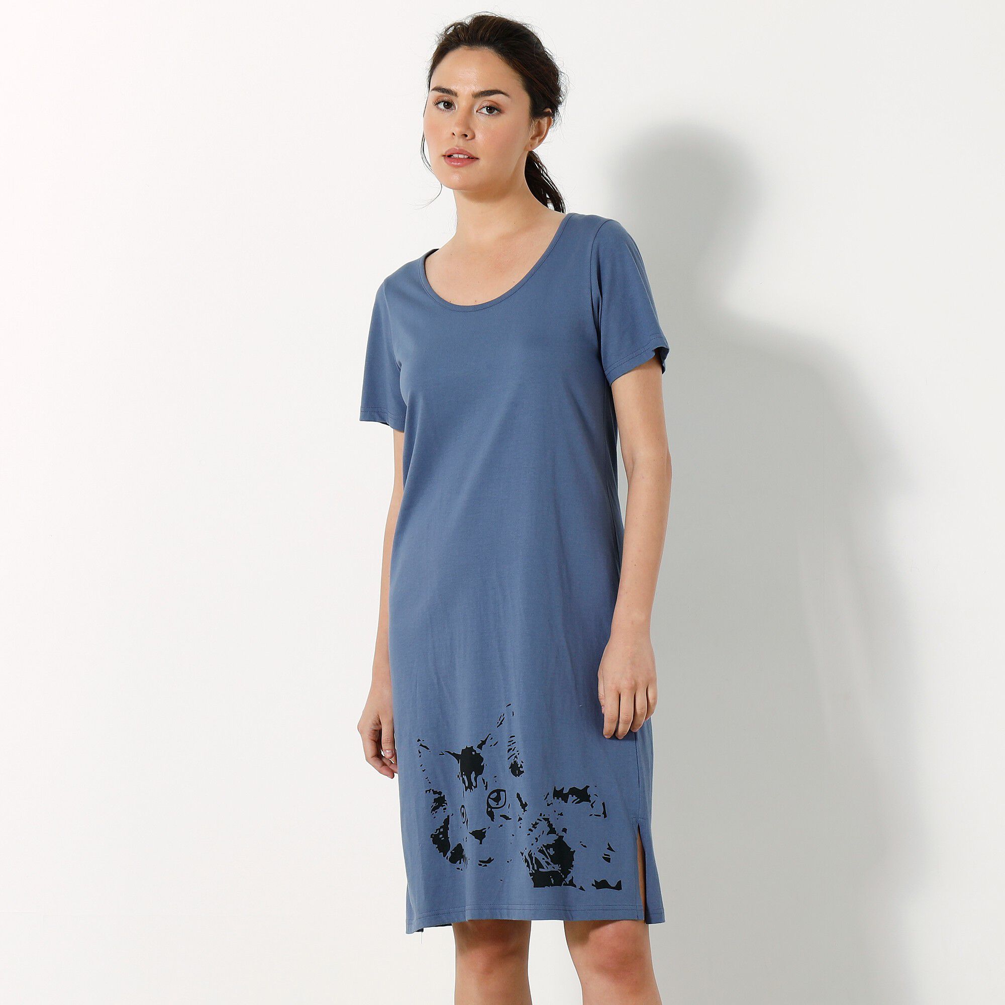 Chemise de nuit courte imprimé chat