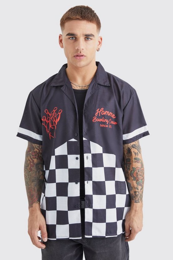 Kurzärmliges Oversize Bowling-Hemd mit Schachbrett-Print