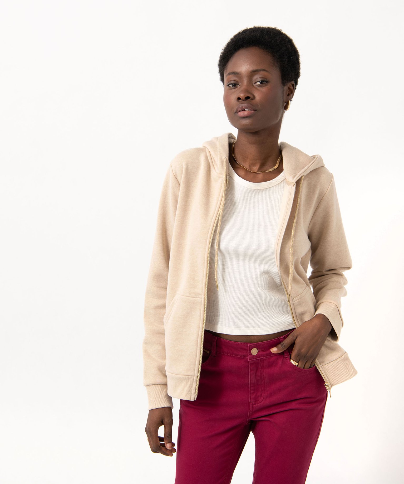 Sweat zippé à capuche avec intérieur molletonné femme beige | GEMO