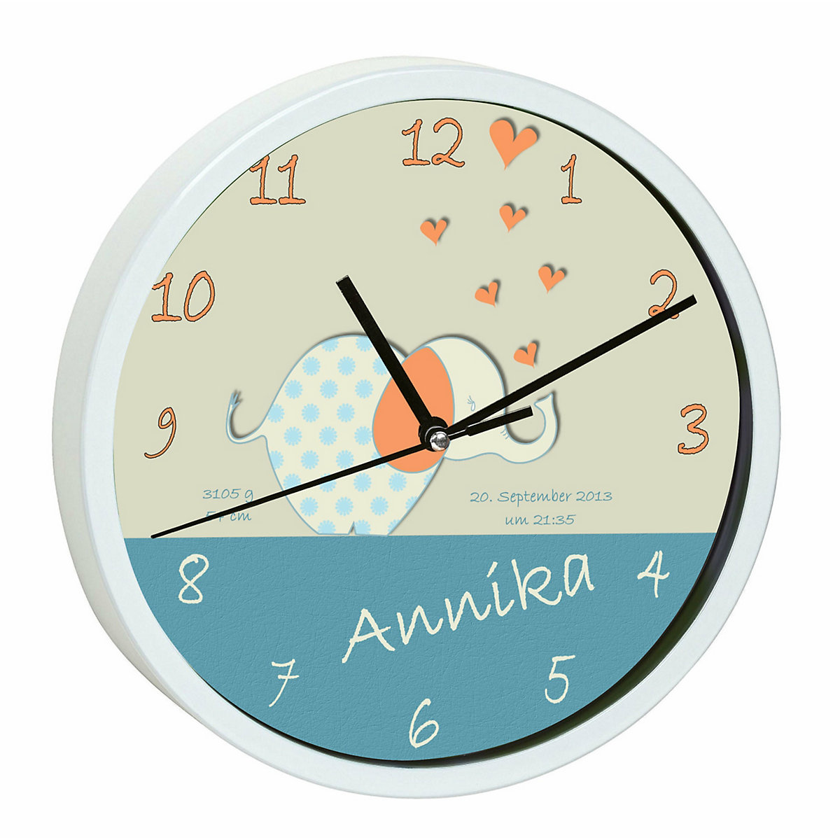 Kinder Wanduhr personalisiert mit Name Elefant orange blau