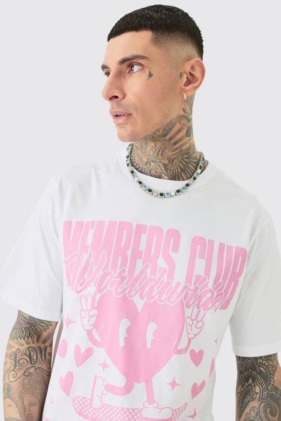 Tall weißes T-Shirt mit Members Club Worldwide Print