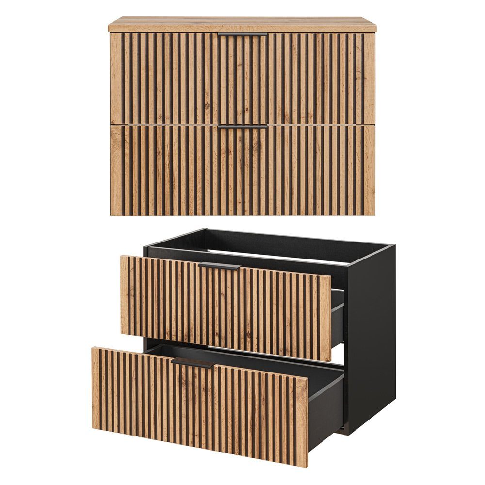 Lomadox Badmöbel-Set XANTEN-56, (3-St), anthrazit, Wotan Eiche Nb Rillen schwarz, Waschtisch, Hochschrank