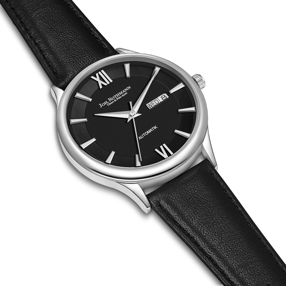 Joh. Rothmann Montre automatique Leopold en Argent Cuir véritable en Noir Montre