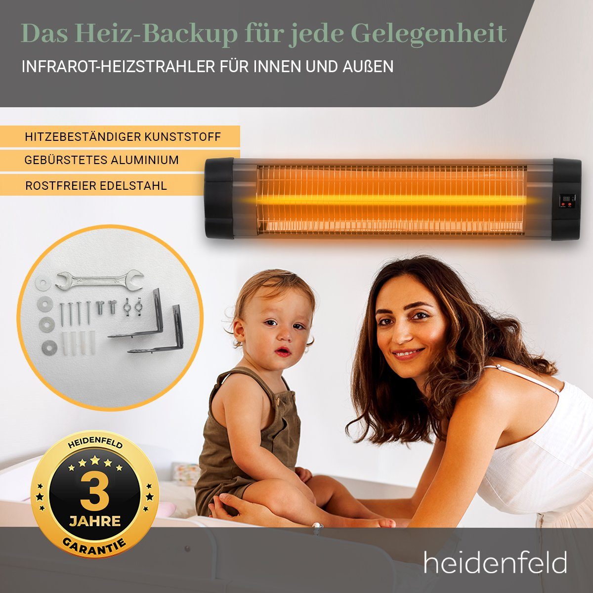 Heidenfeld Heizstrahler Elektro Infrarot Heizstrahler IH100 inkl. Stativ und Fernbedienung, 2500 W, Heizgerät Heizung Terrassenstrahler - 3 Heizstufen - 3 J. Garantie
