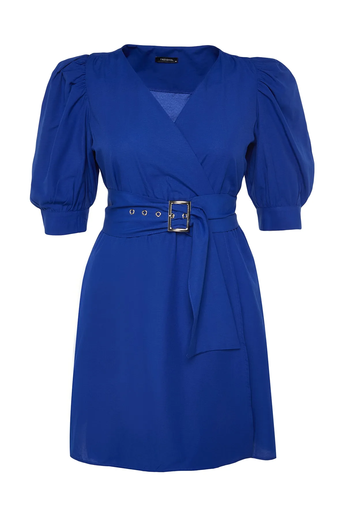 Trendyol Curve  Blaues gewebtes Kleid mit zweireihigem Kragen und Gürtel TBBSS22EL1669
