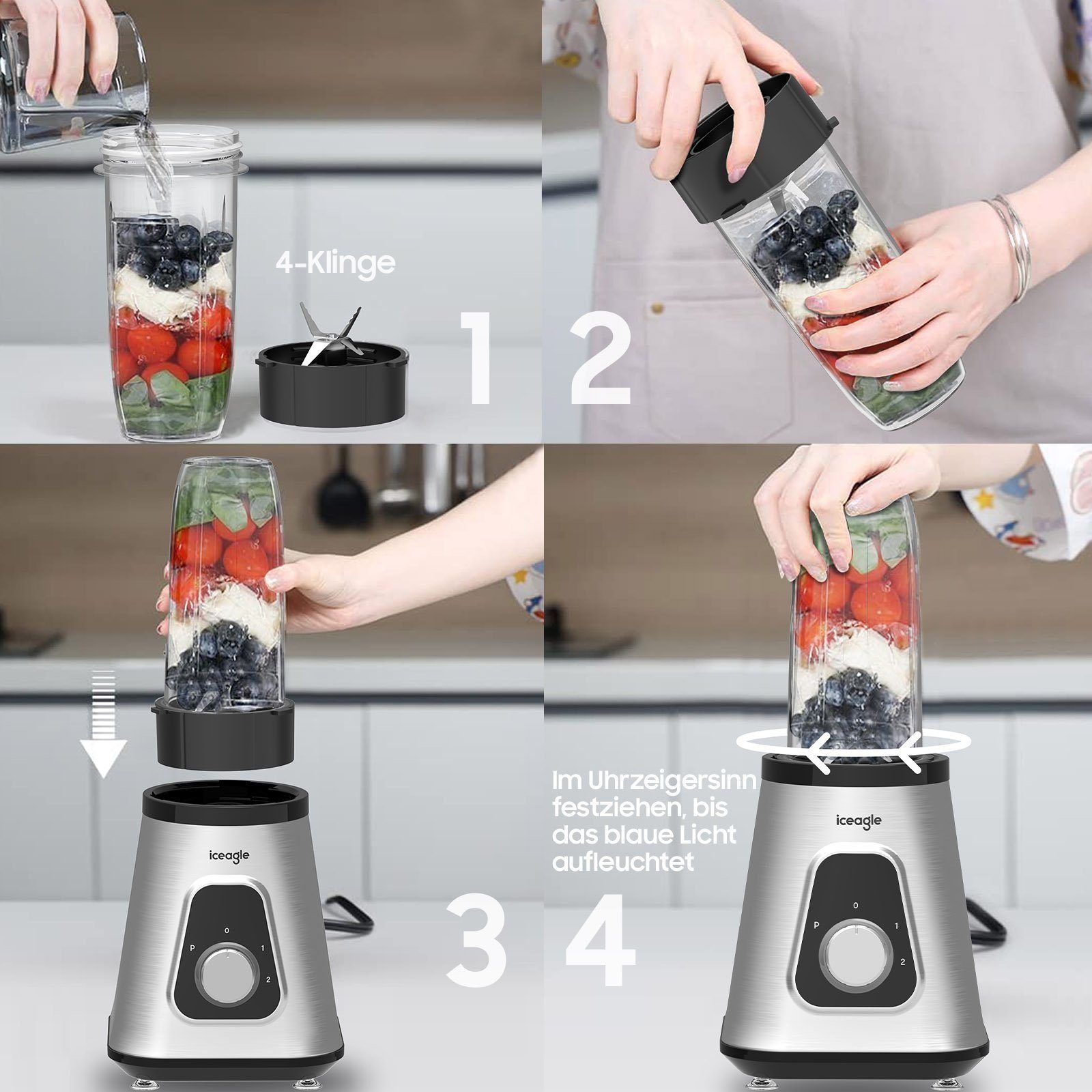 iceagle Standmixer Standmixer 2-in-1 Mixer Smoothie Maker Multifunktion Entsafte Fleisch, 1300,00 W, 2 Ebenen, Edelstahl, 1,5L Glasaufsatz, 0,6L Tragbare Tasse, 6-Kling