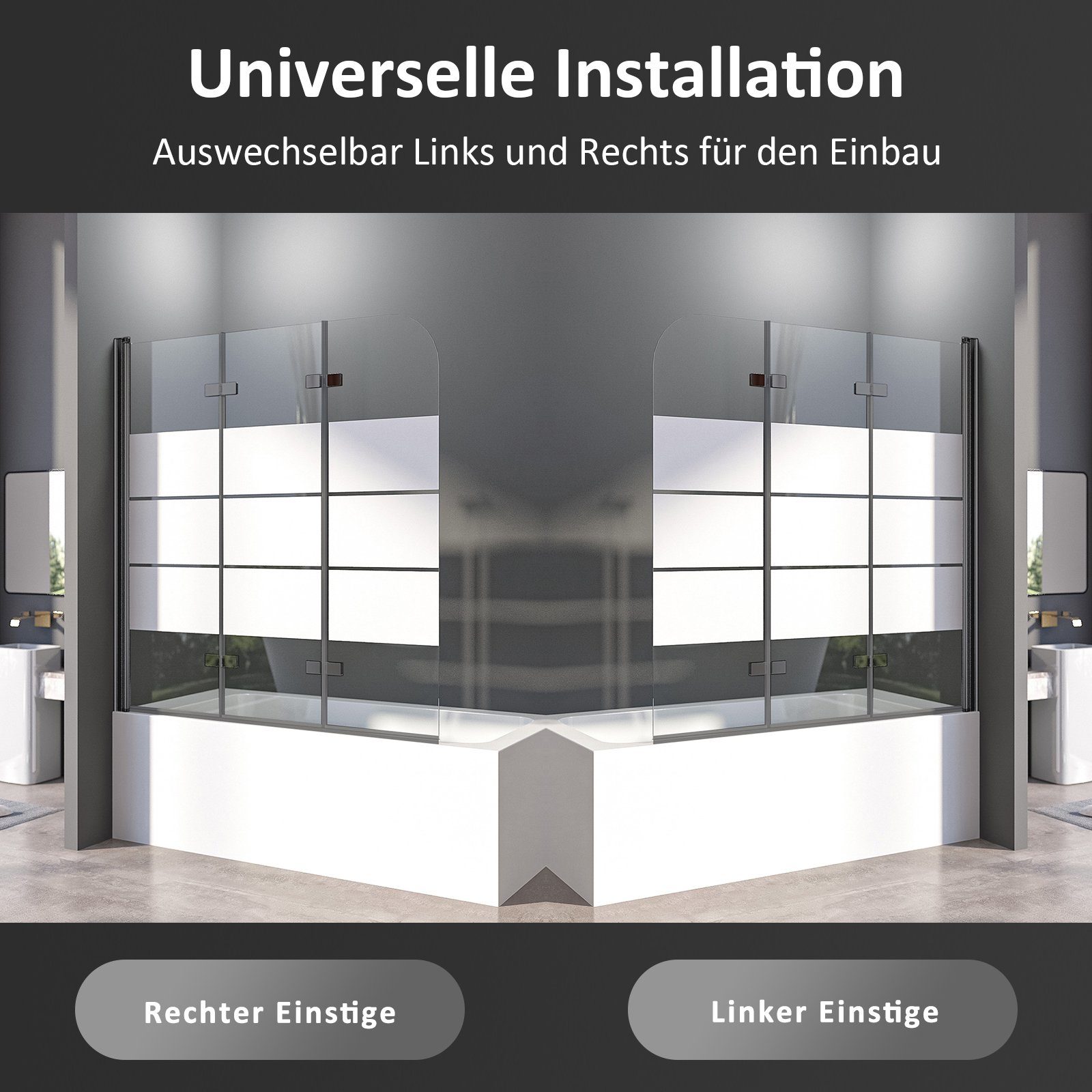 Boromal Badewannenaufsatz 3 teilig Schwarz Faltbar Duschwand Badewanne Glaswand Duschtrennwand, Sicherheitsglas, (Badewannenabtrennung 3-teilig mit Milchglas Streifen), 5mm ESG Glas, Badewannenfaltwand