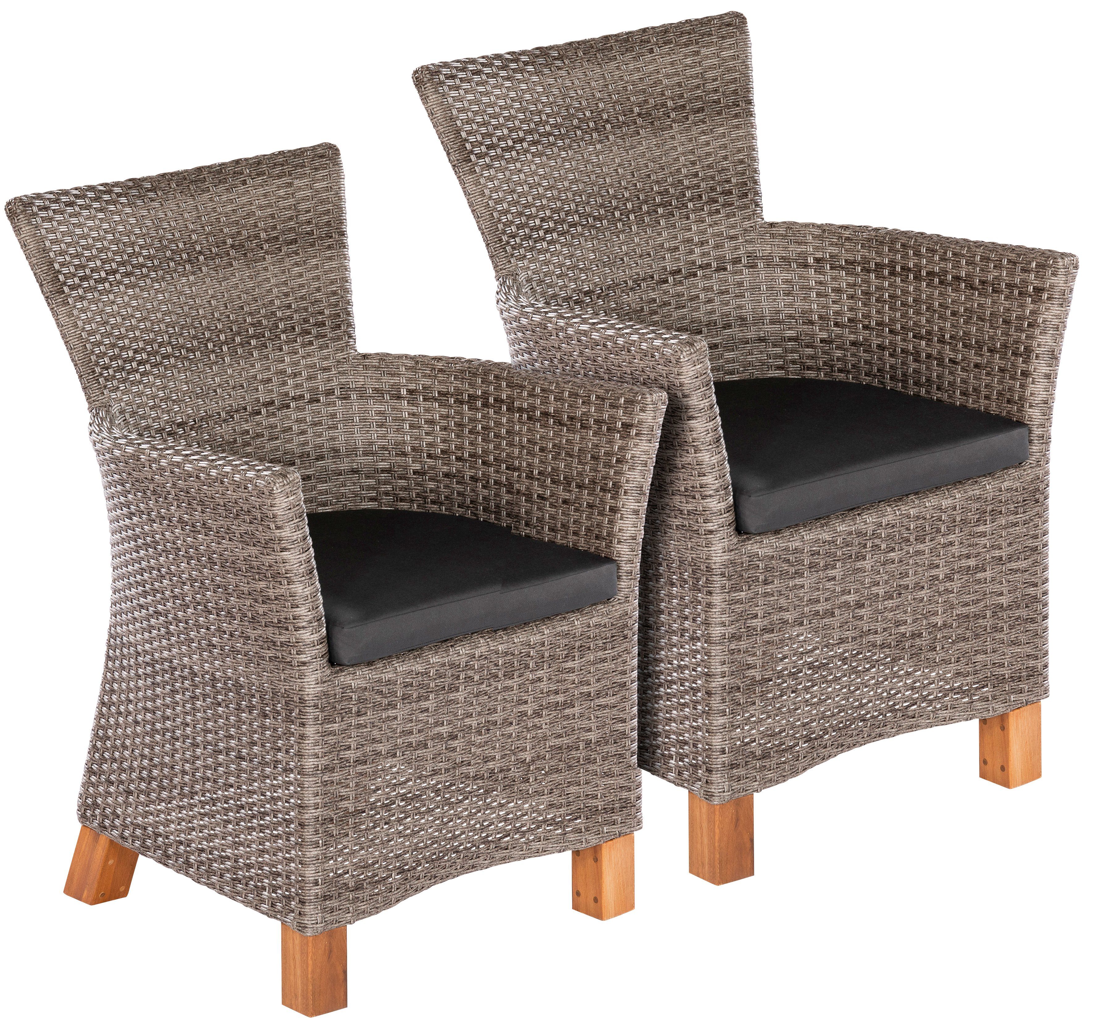 MERXX Gartensessel Toskana (Set, 2-St), 2er Set, Polyrattan/Akazie, inkl. Auflage, grau-braun