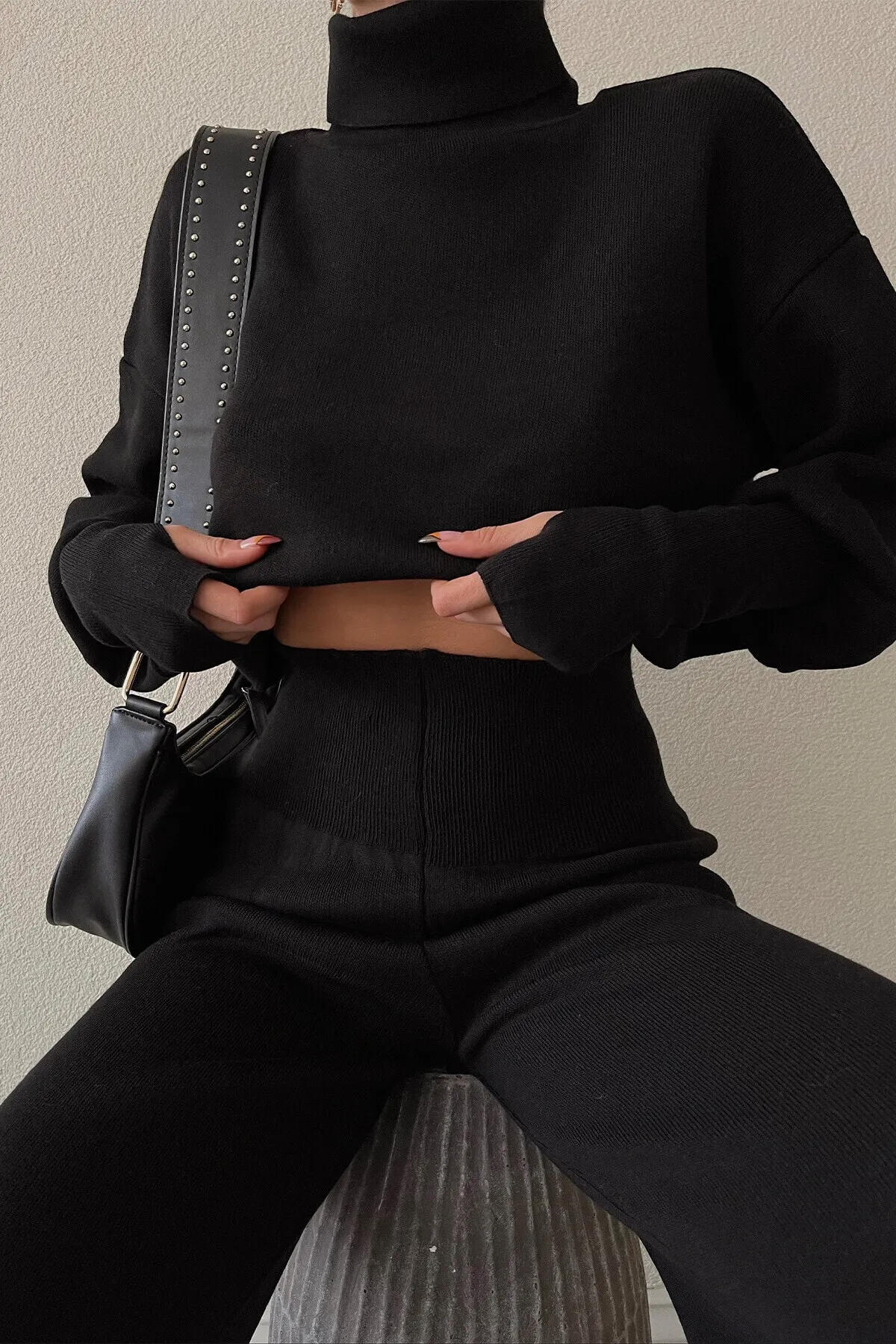 lovebox  Handgemachtes schwarzes Strick-Crop-Top und schwarze Strickhose mit hoher Taille, Doppelset 015