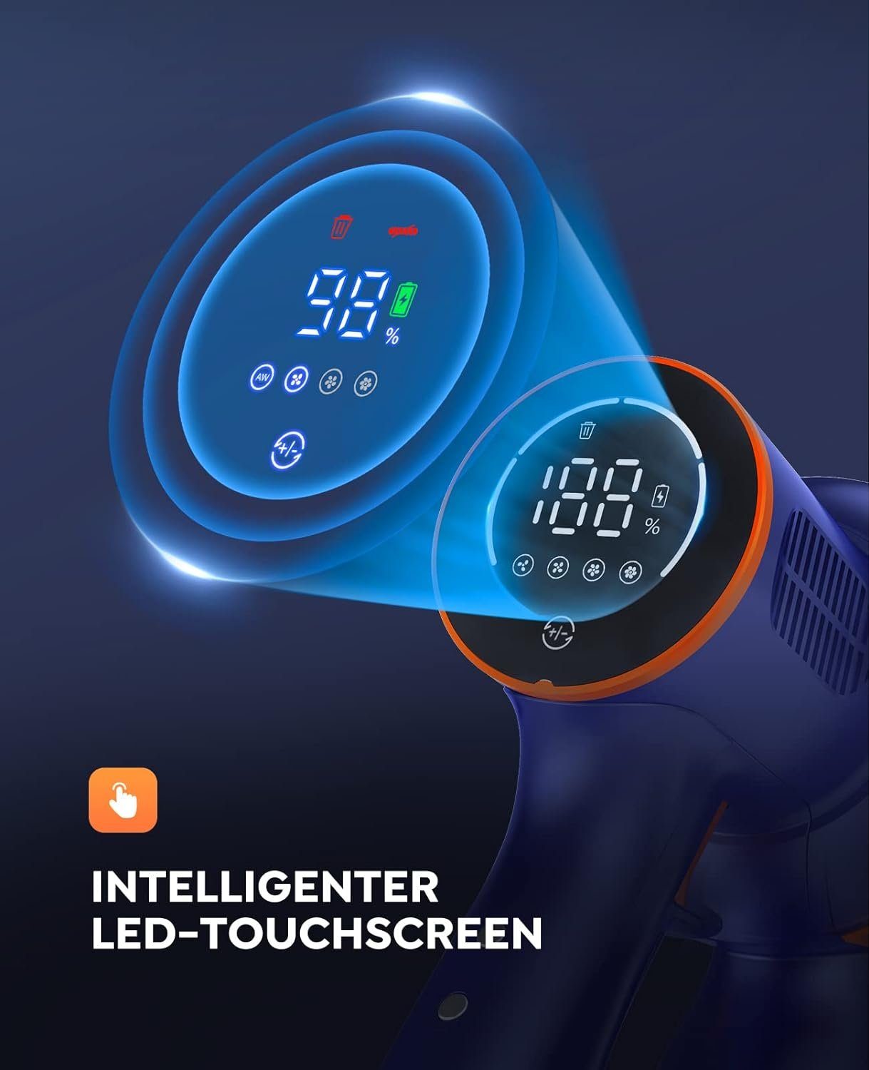 Buture Akku-Hand-und Stielstaubsauger, Akku Staubsauger,33000Pa Ultraleiser Staubsauger Kabellos mit Touch Screen,Bis zu 50 Min.Laufzeit,1.5L