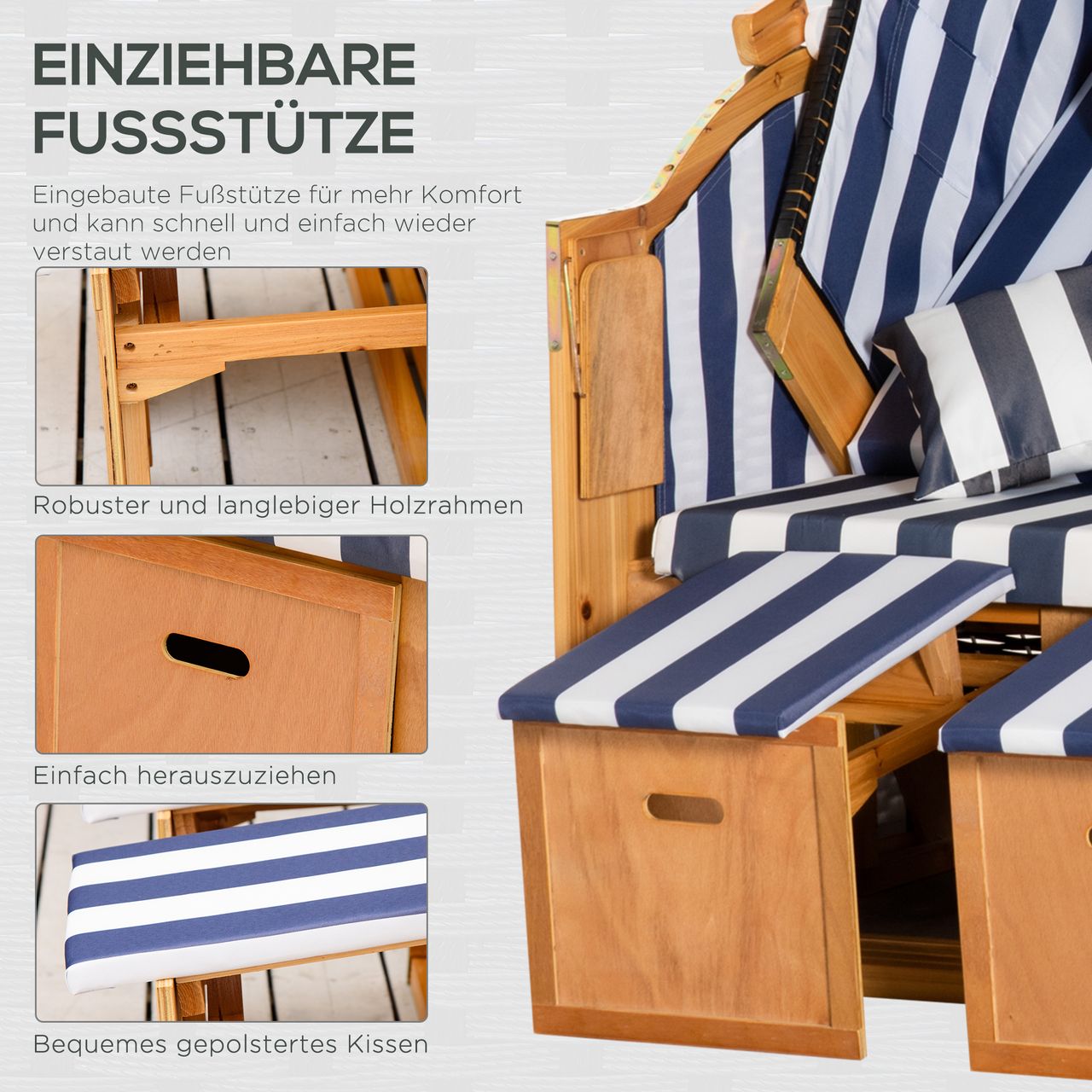Outsunny Strandkorb Doppelte Sonnenliege mit Dach Doppelliege mit Getränkehaltern Chaiselongue 5-stufige Rückenlehne PE-Rattan Blau Weiß 118 x 79 x 150 cm