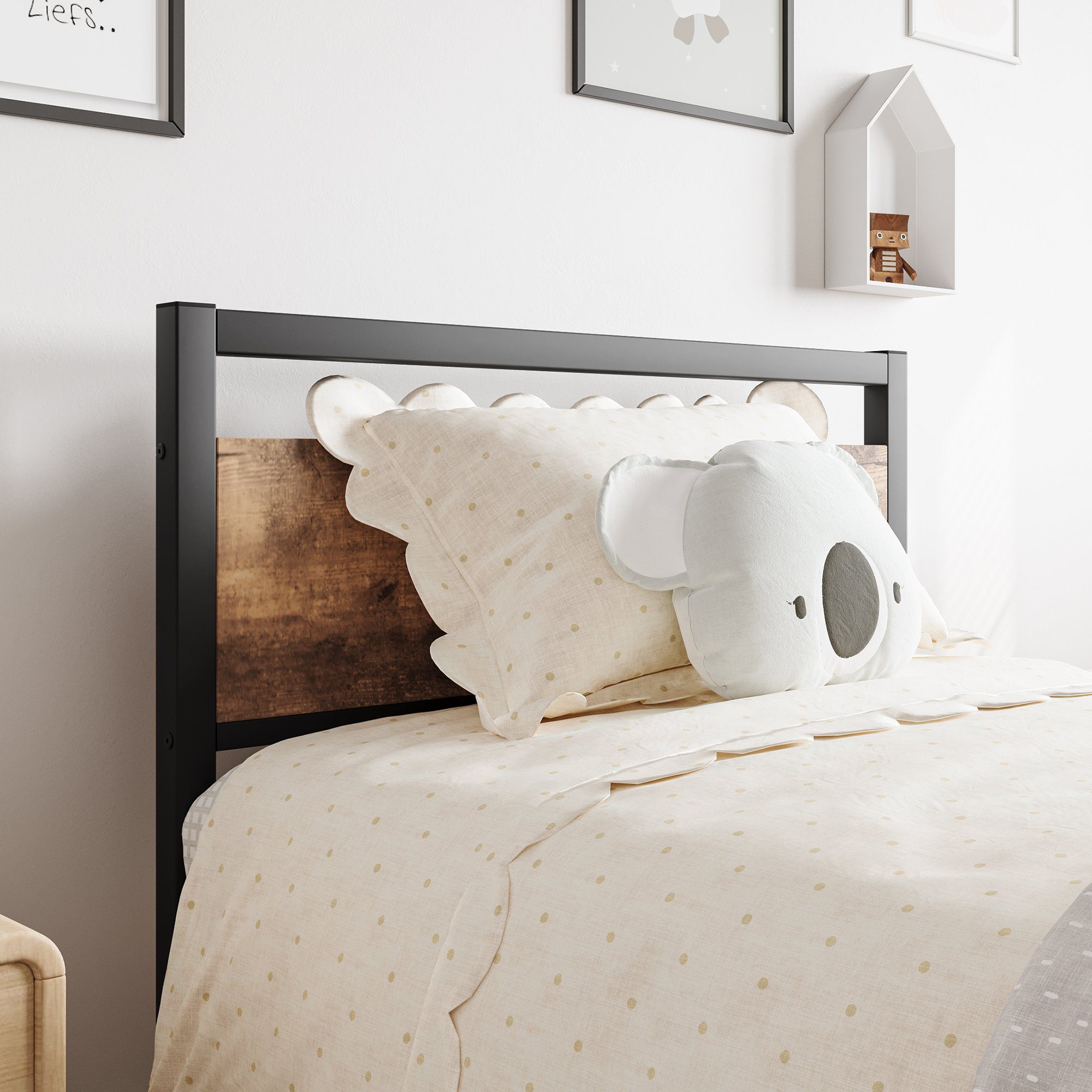 OKWISH Metallbett Jugendbett mit Lattenrost ohne Matratze, mit Kopfteil