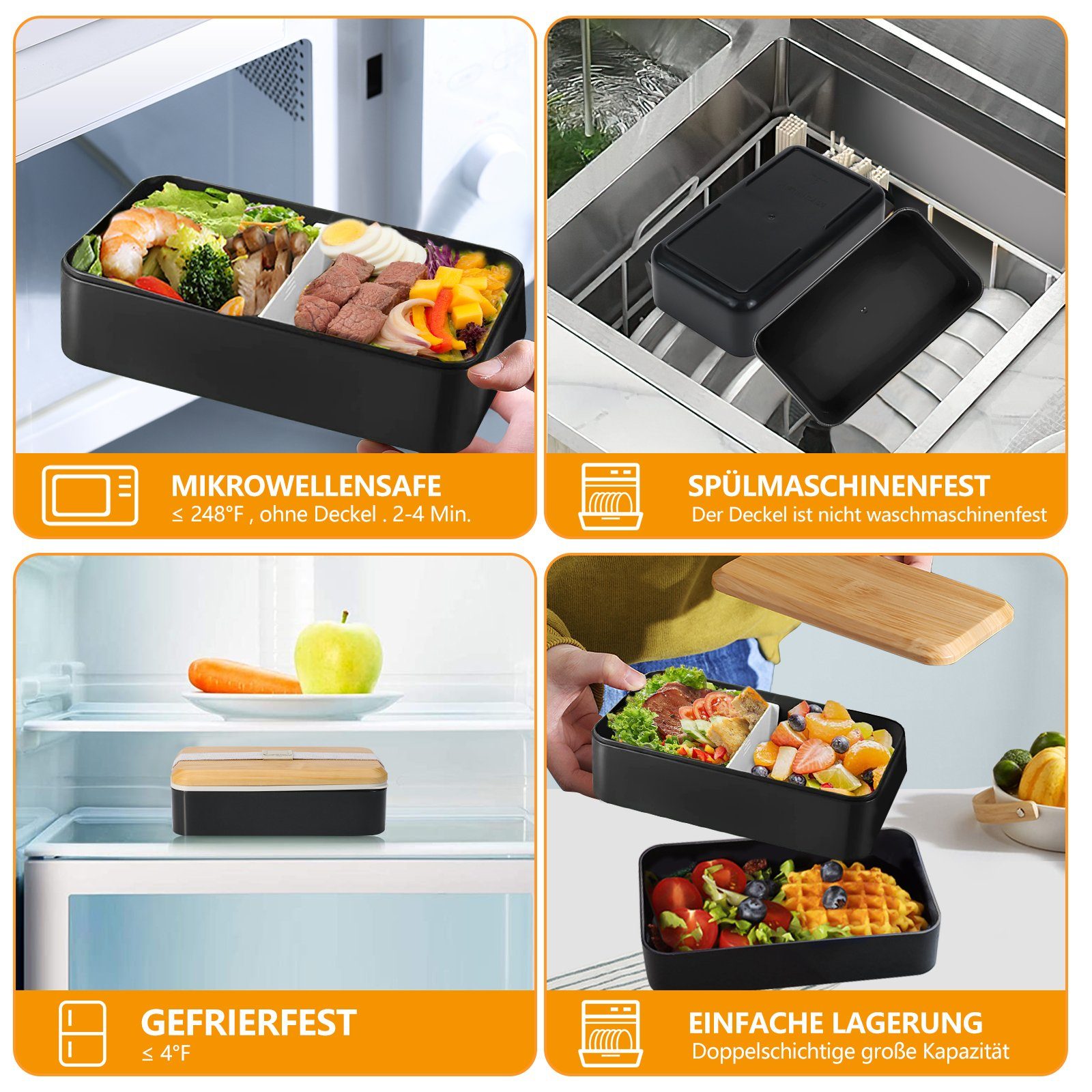 MDHAND Lunchbox 1400ml Brotdose mit Fächern für Kinder/Erwachsene, Kunststoff, (1-tlg), Mahlzeiten Brotdose mikrowellengeeignet