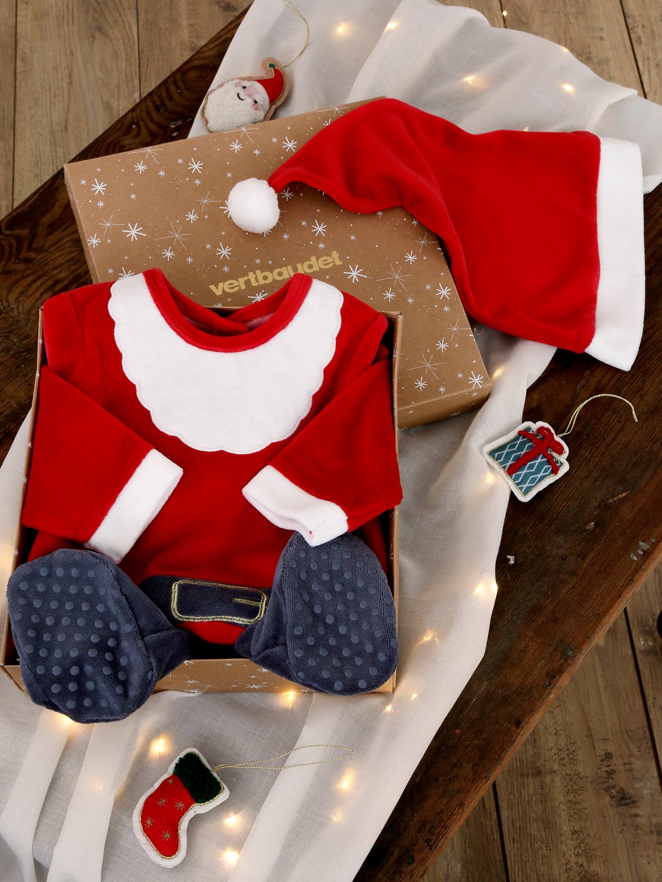 Vertbaudet Baby Samt-Strampler & Mütze, Weihnachtsmann Oeko-Tex - rot