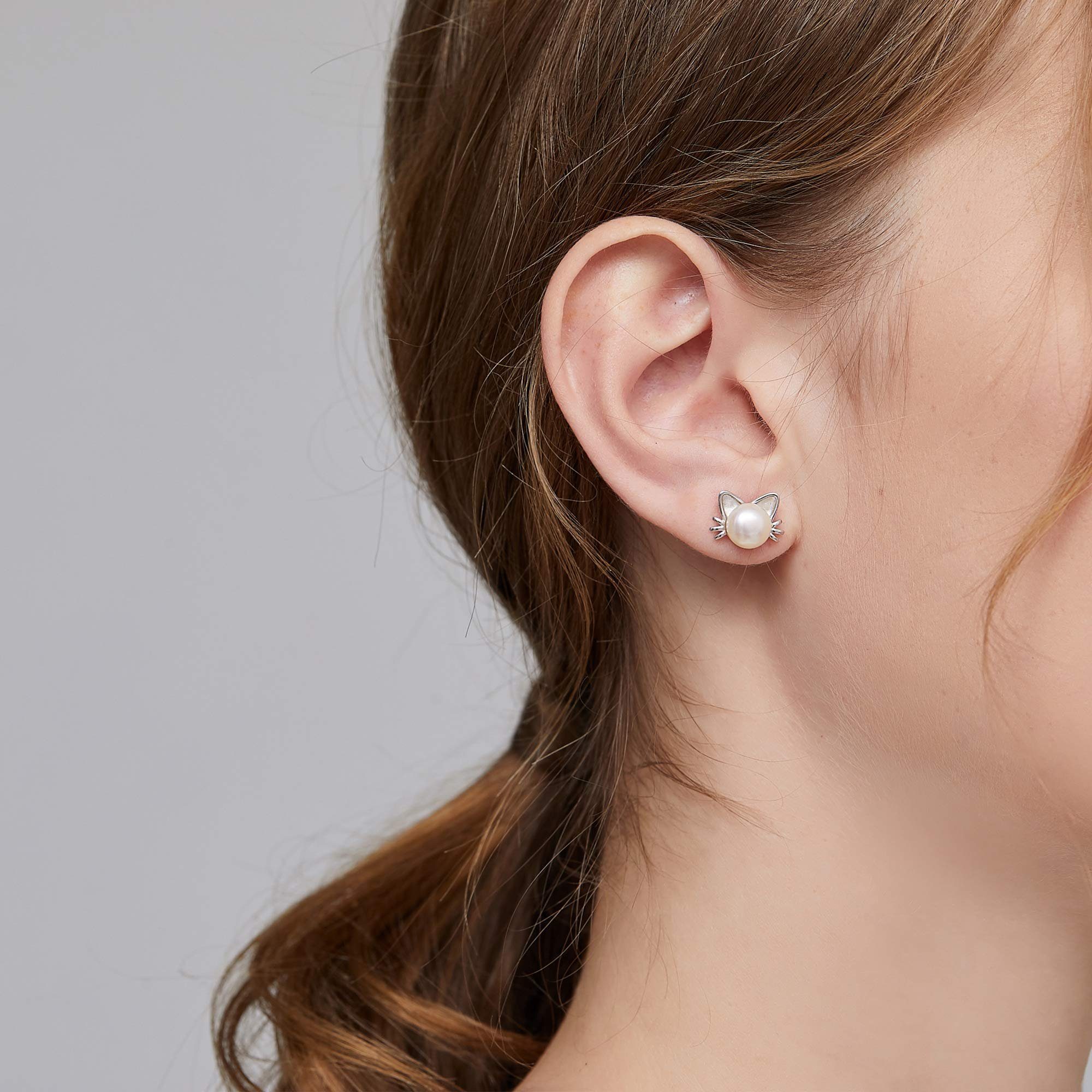 POCHUMIDUU Paar Ohrstecker 925 Sterling Silber Katze Süßwasserperlen Ohrstecker Kinderohrringe (2-tlg), 925 Silberschmuck für Frauen, Niedliche Kinder-Ohrringe