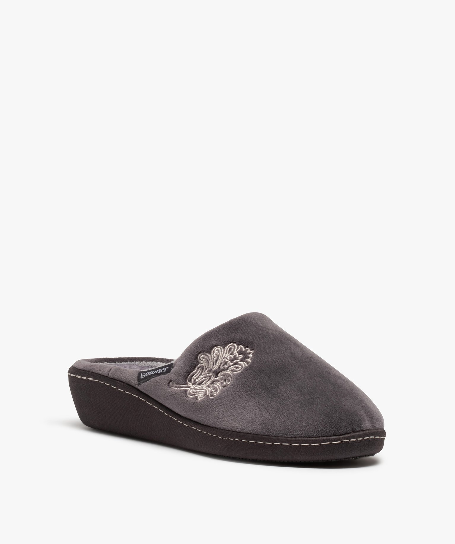Chaussons femme mules en velours brodé - Isotoner gris | GEMO