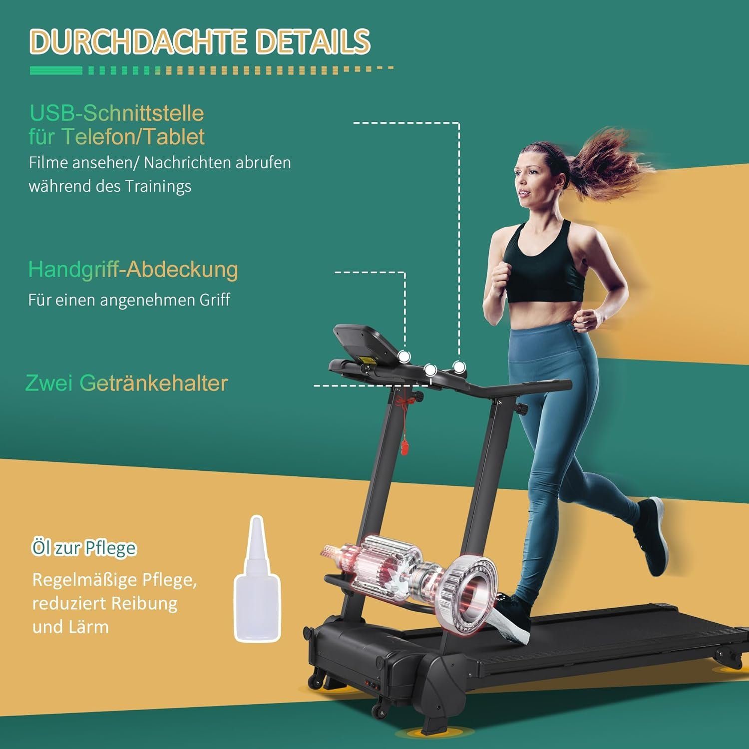HOMCOM Laufband, Elektrisches Laufband mit LCD-Display USB- und MP3-Player Faltbares