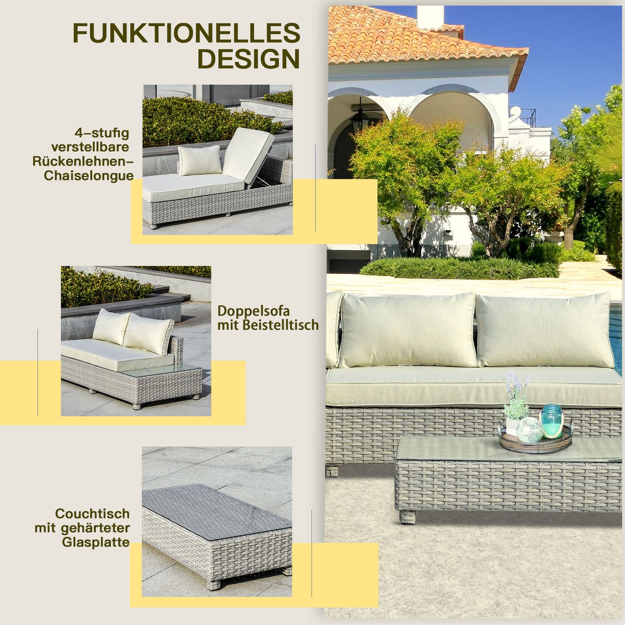 Outsunny 3-tlg. Polyrattan Gartenmöbel Set Gartengarnitur mit Beistelltisch