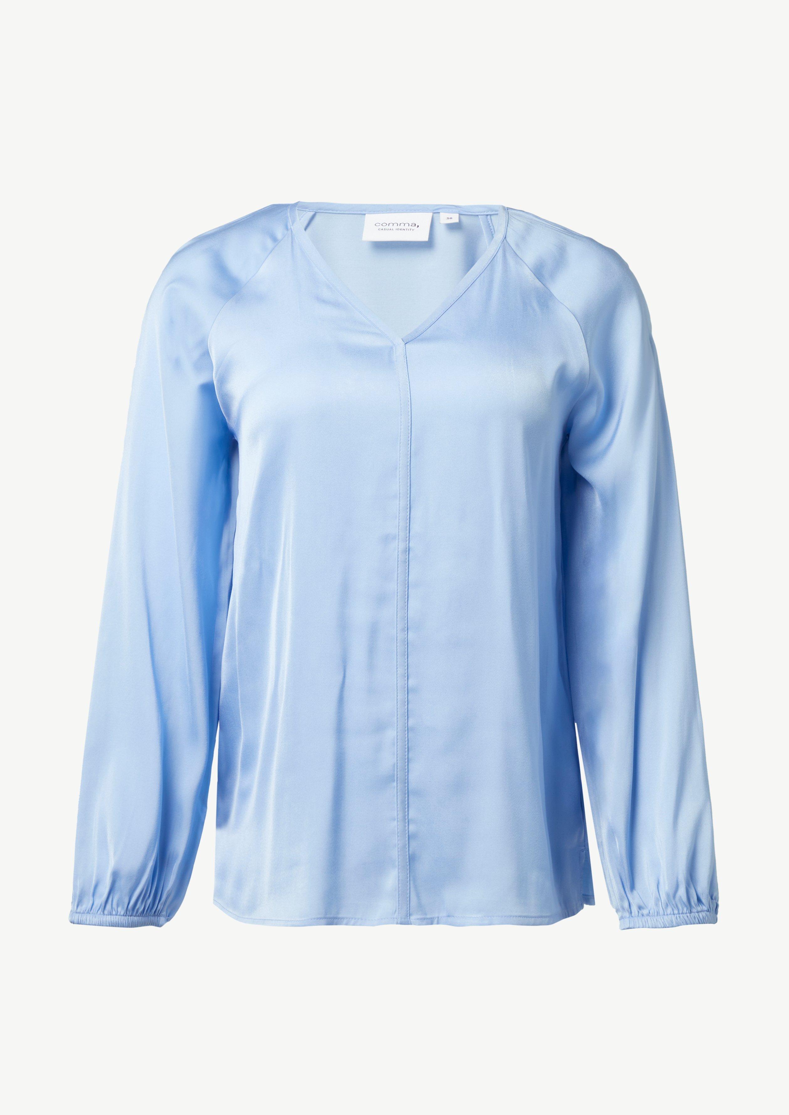 Satinierte Bluse mit Raglanärmeln und V-Ausschnitt - himmelblau
