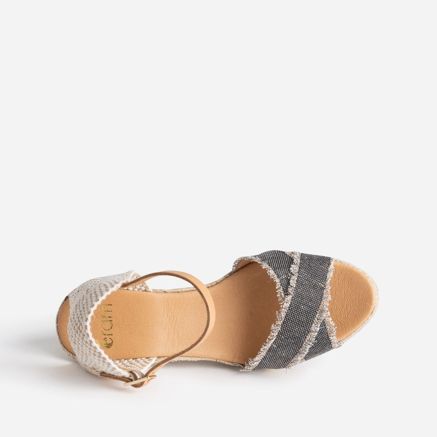 Sandale compensée beige pailleté doré en toile