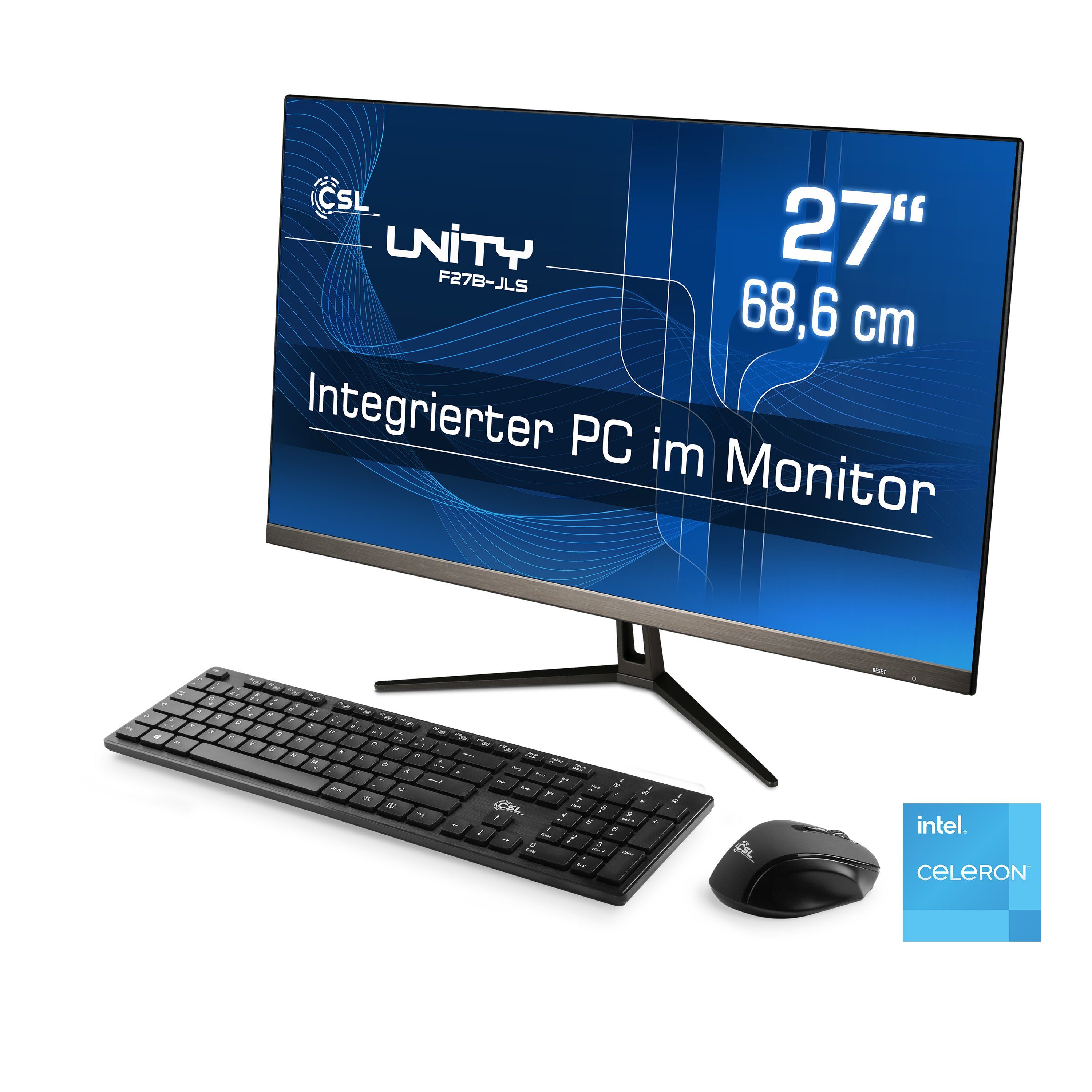 CSL Unity F27-JLS PC (27 Zoll, Intel® Celeron N5100, Intel® UHD Graphics, 16 GB RAM, 256 GB SSD, passiver CPU-Kühler)
