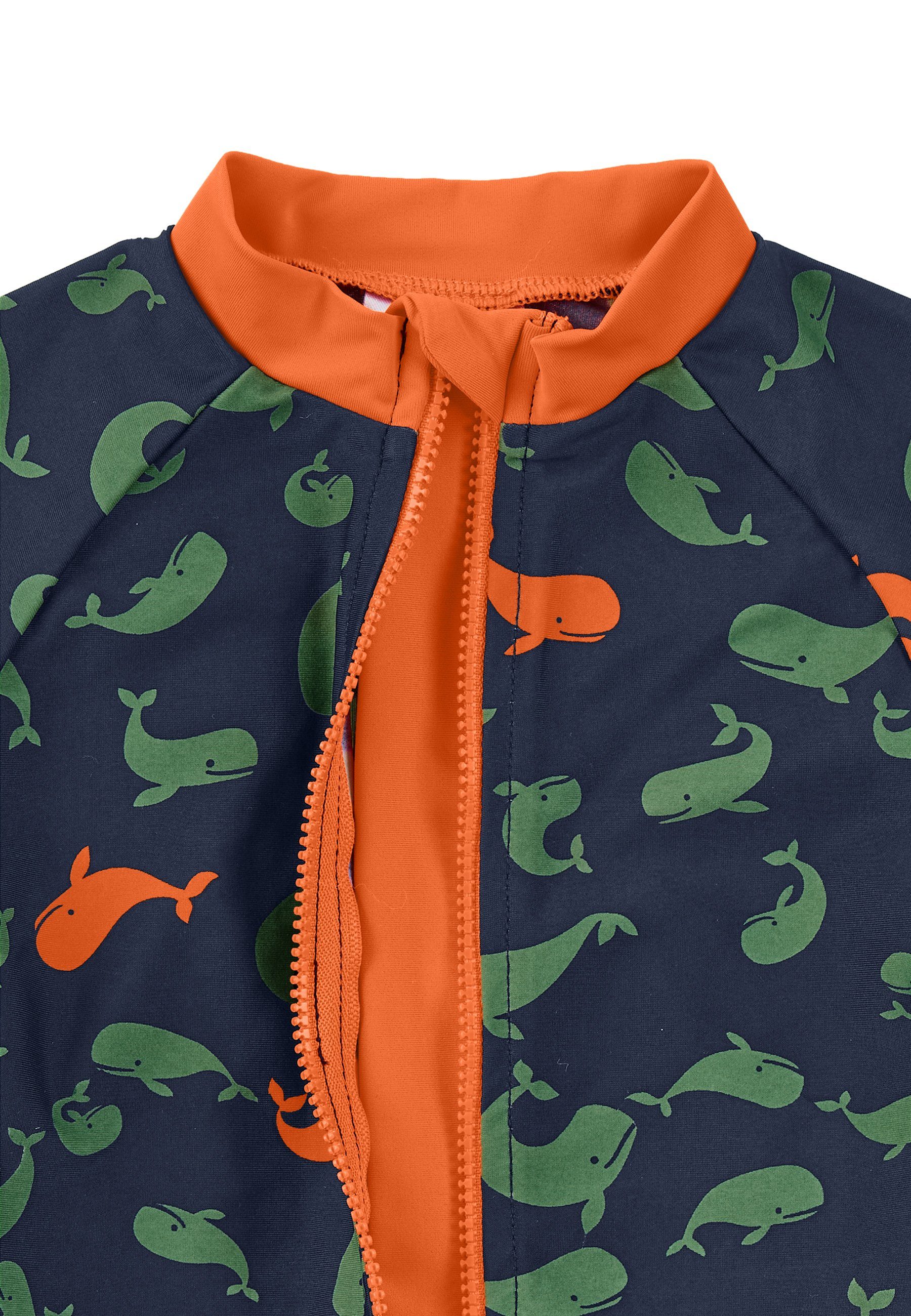 Sterntaler® Badeanzug Schwimmanzug Wale Kinderbadeanzug - Schwimmanzug Jungen mit Windeleinsatz bis Größe 86/92 - Baby Badebekleidung - Badeoverall Baby in Marine mit Allover-Print Wale und kurzem Arm, UV-Schutz 50+