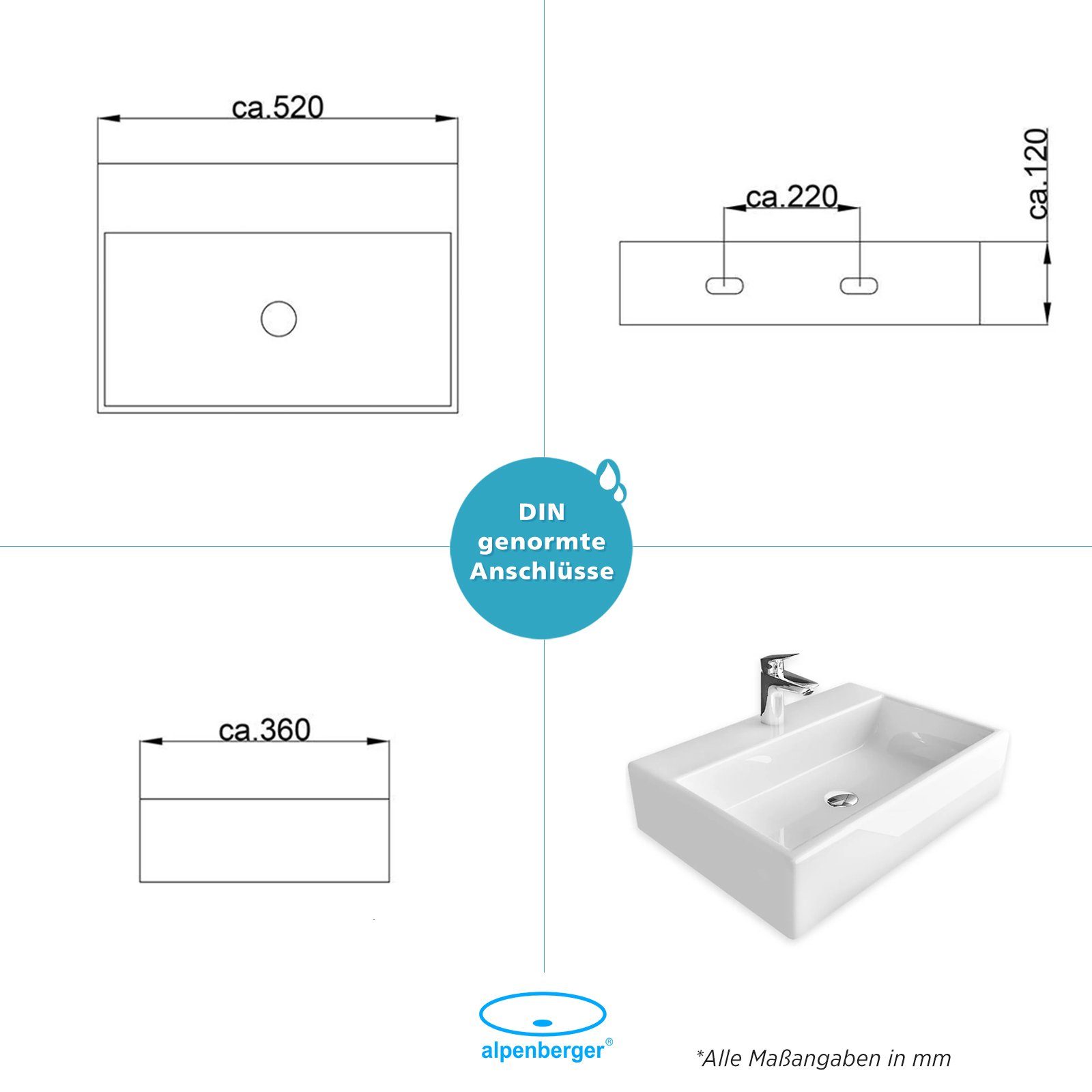 Alpenberger Waschbecken - Keramik Aufsatzwaschbecken & Hängewaschbecken - Eleganter Waschplatz (1-tlg. Set, 1-St., Handwaschbecken Badezimmer), Aufsatzbecken schmutzabweisend & hygienisch mit Nano beschichtet