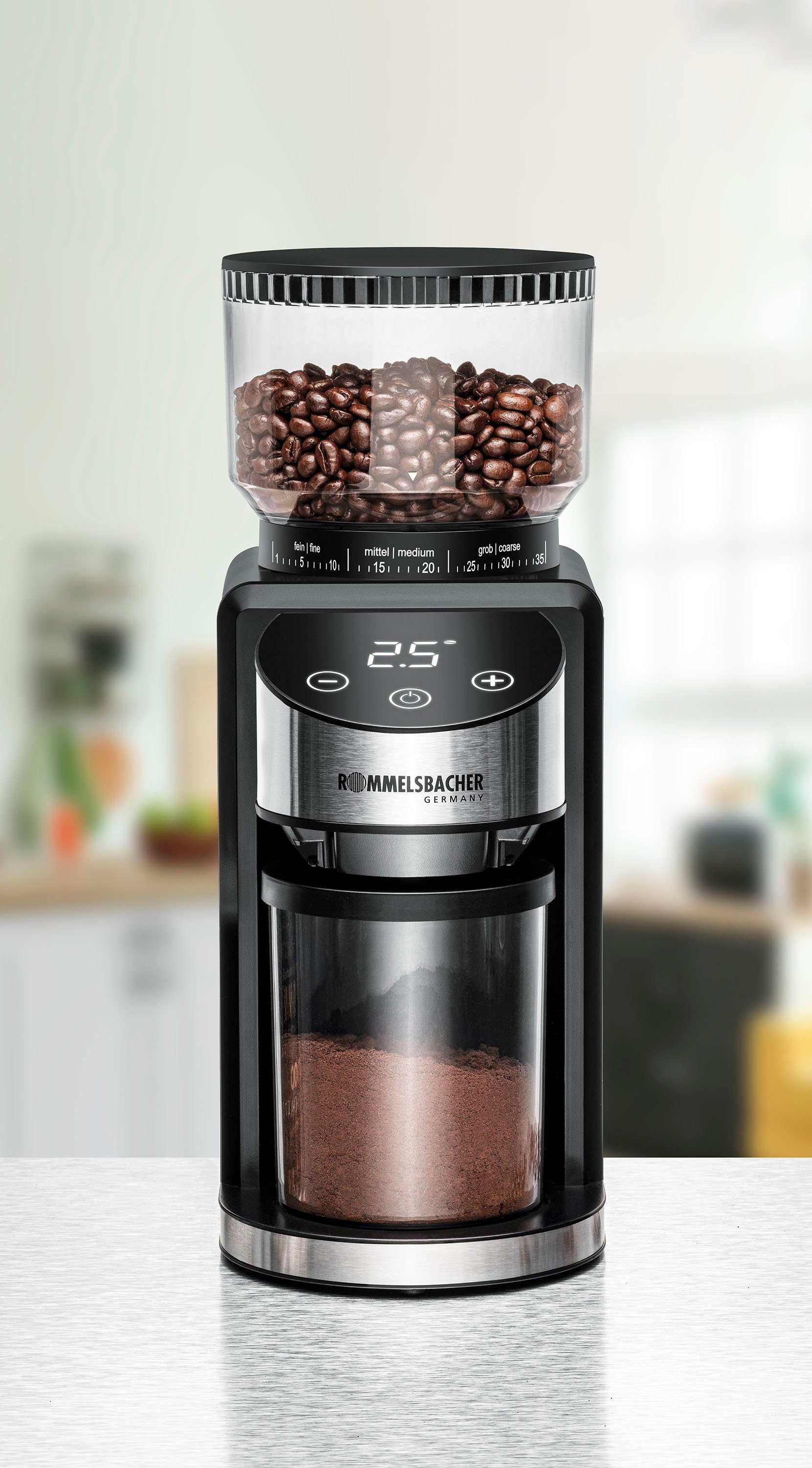 Rommelsbacher Kaffeemühle EKM 400, 200 W, Kegelmahlwerk, 220 g Bohnenbehälter, mit Kegelmahlwerk, Antistatik-Funktion, 35 Mahlgrade