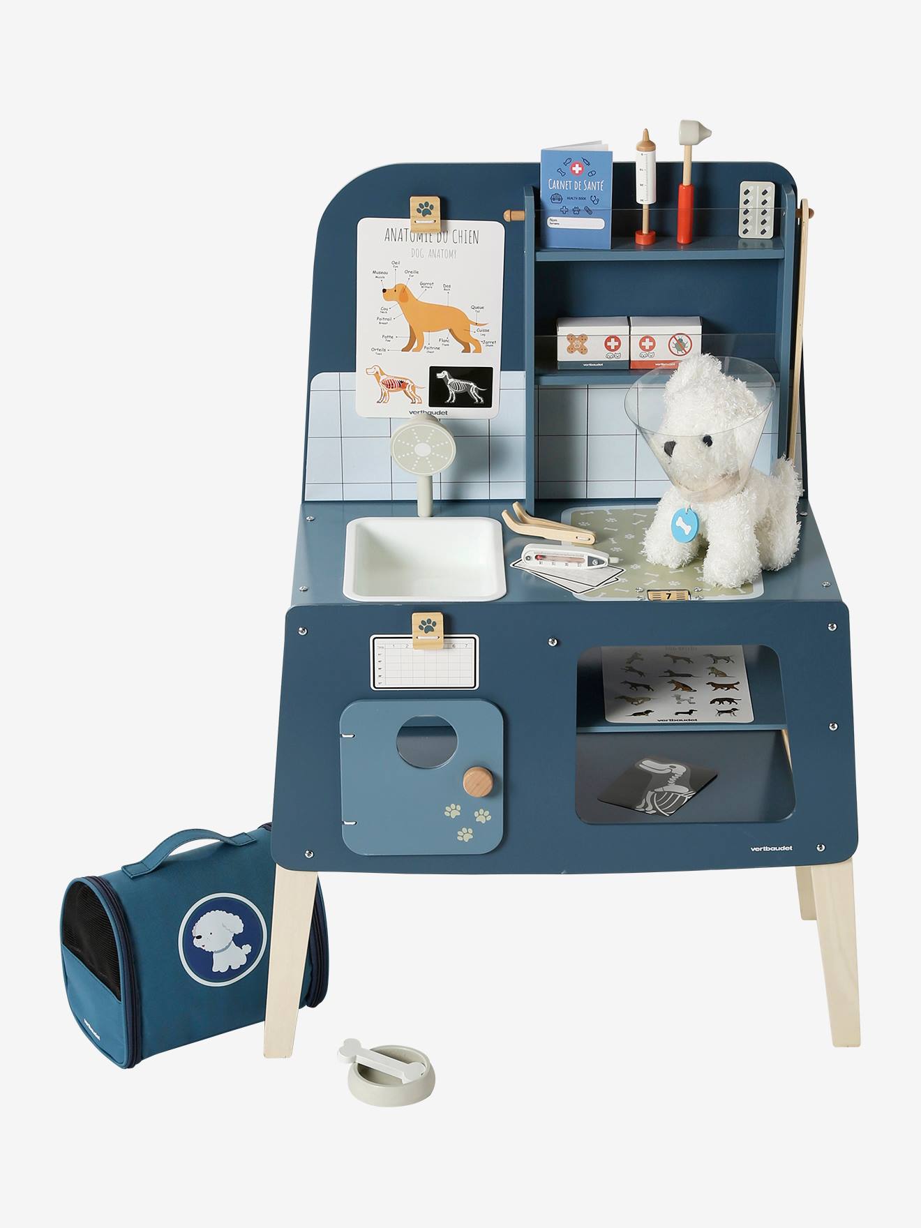 Vertbaudet Plüschhund mit Zubehör, Holz FSC - blau