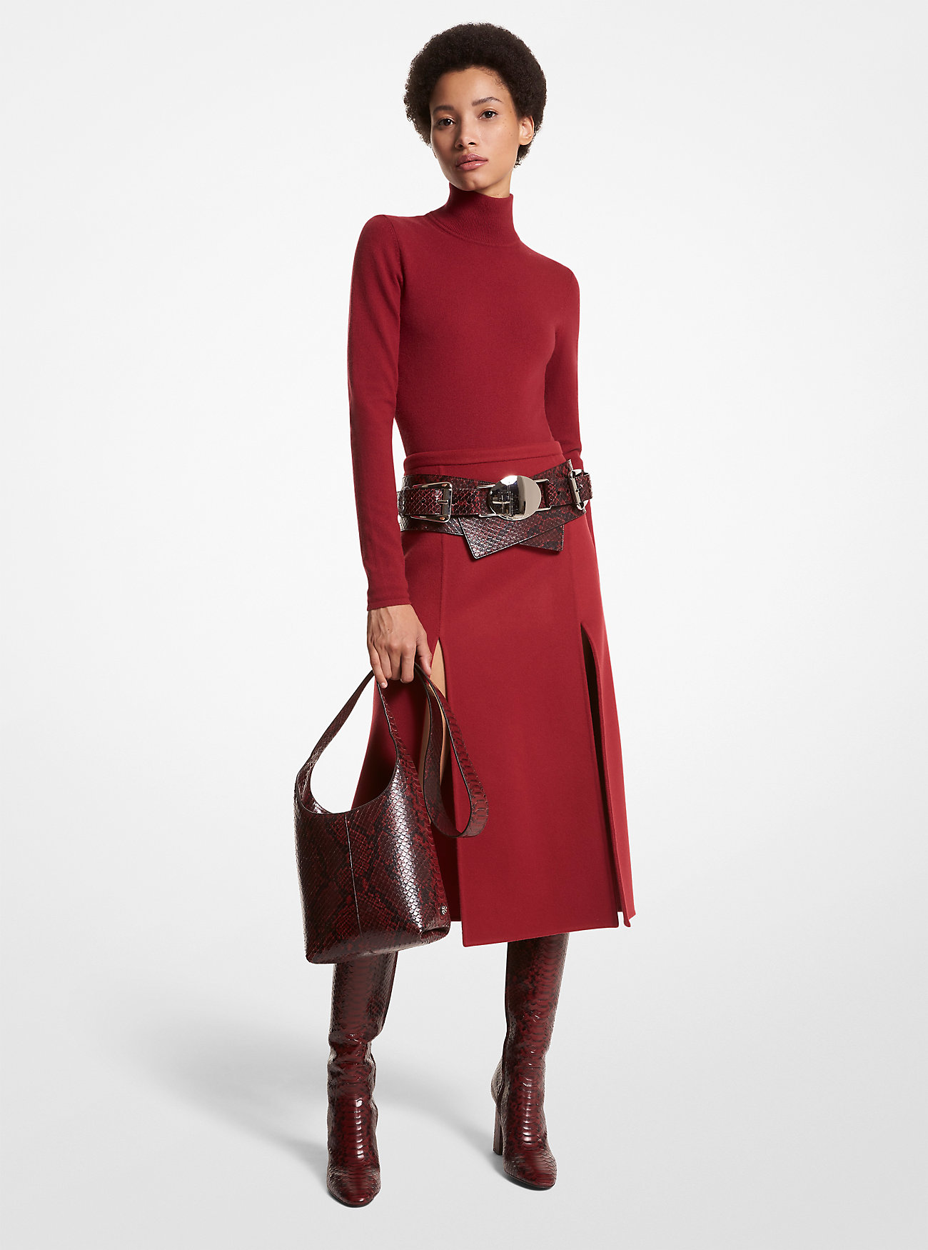 Double Faced Wool Melton Slit Skirt - MERLOT