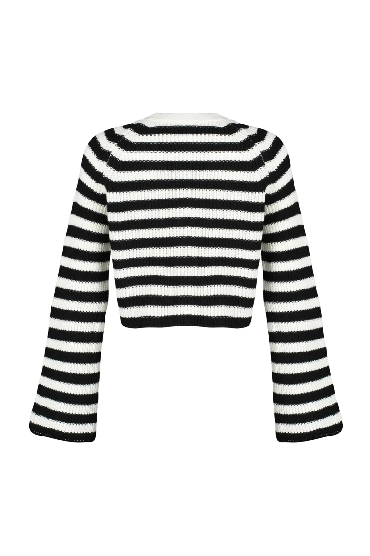 Trendyol Collection  Ecrufarbene Strickjacke mit V-Ausschnitt und Streifen TWOAW24HI00204