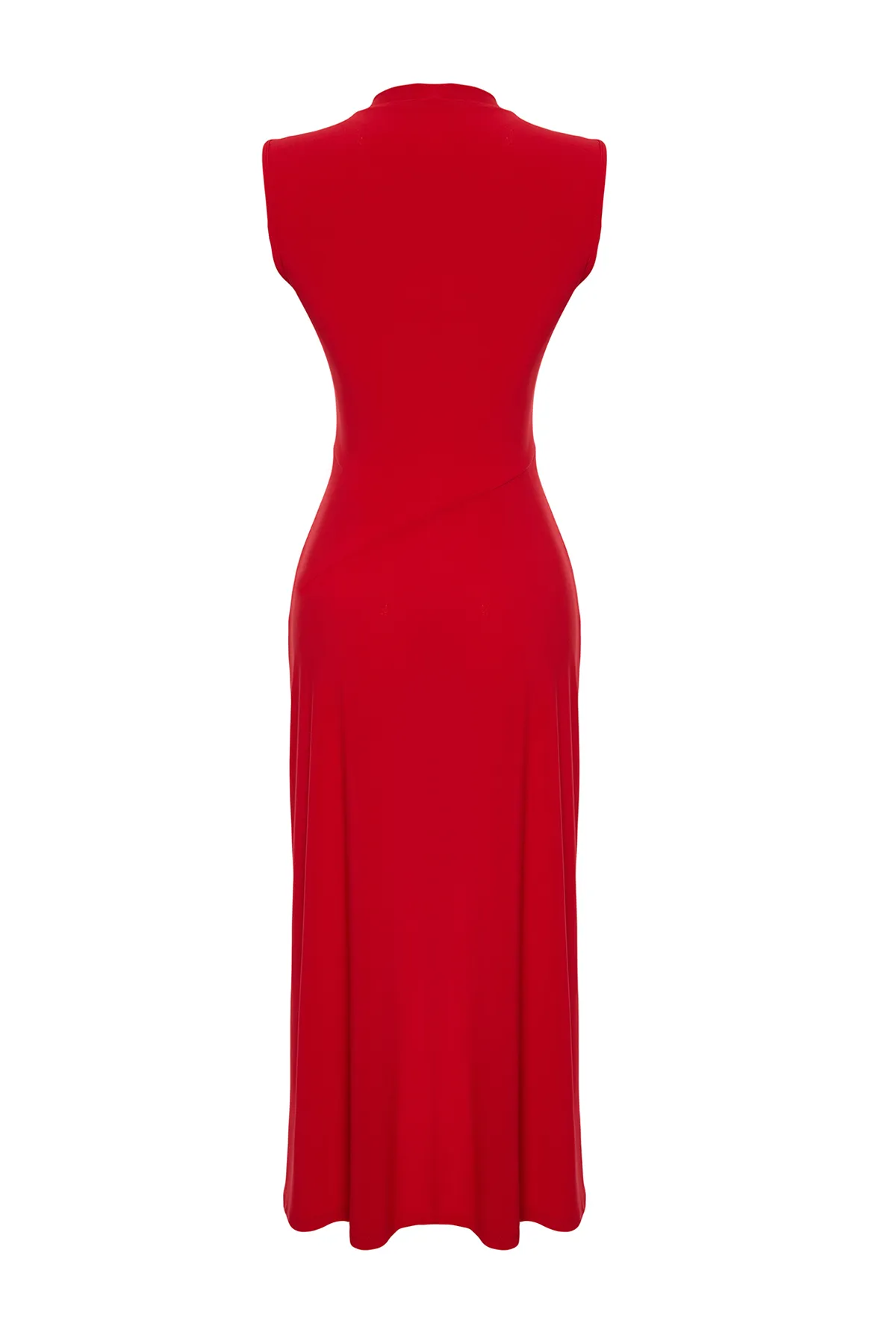 Trendyol Collection  Rotes asymmetrisches Stehkragen-Midikleid mit ärmellosen Ärmeln und Stretch-Strick TWOSS24EL00814