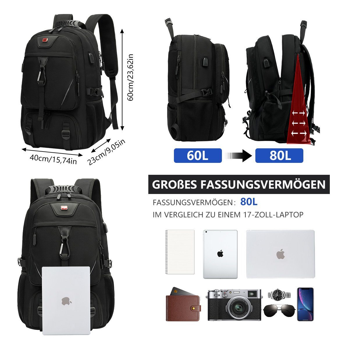7Magic Reiserucksack Großer Laptop Rucksack 17 Zoll Business Arbeit mit Schuhfach Schwarz (mit USB Ladeanschluss Anti Diebstahl Business Arbeit Reisen), für Fitnessstudio Arbeit Camping, Herren Damen, Schwarz