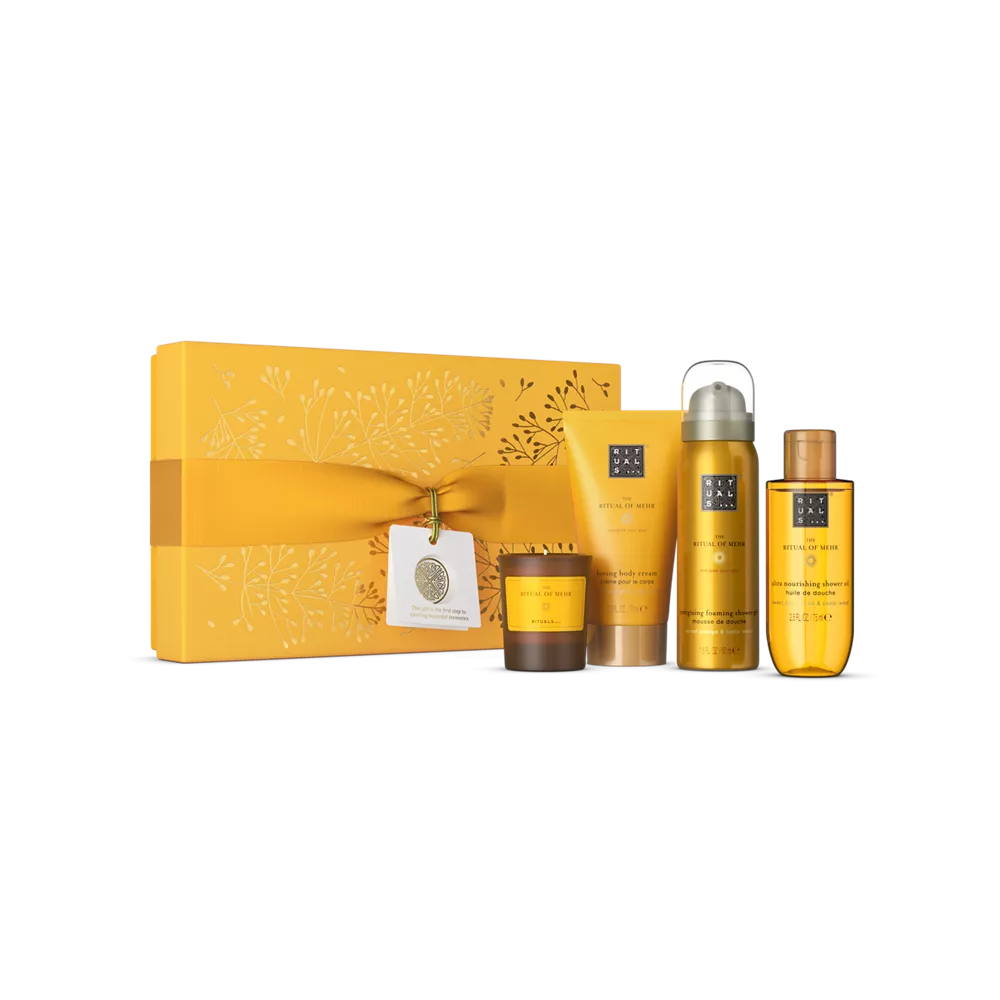 Coffret cadeau Le Rituel de Mehr : gel douche moussant 50 ml, huile de douche 75 ml, crème pour le corps 70 ml, bougie parfumée 25 g
