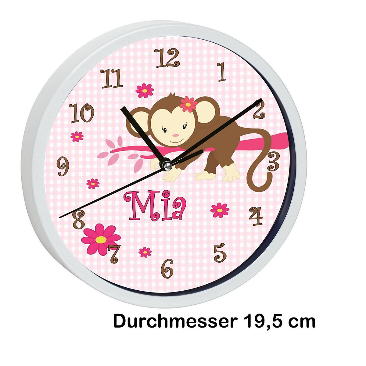 Kinder Wanduhr personalisiert mit Name Affe hängend Rosa
