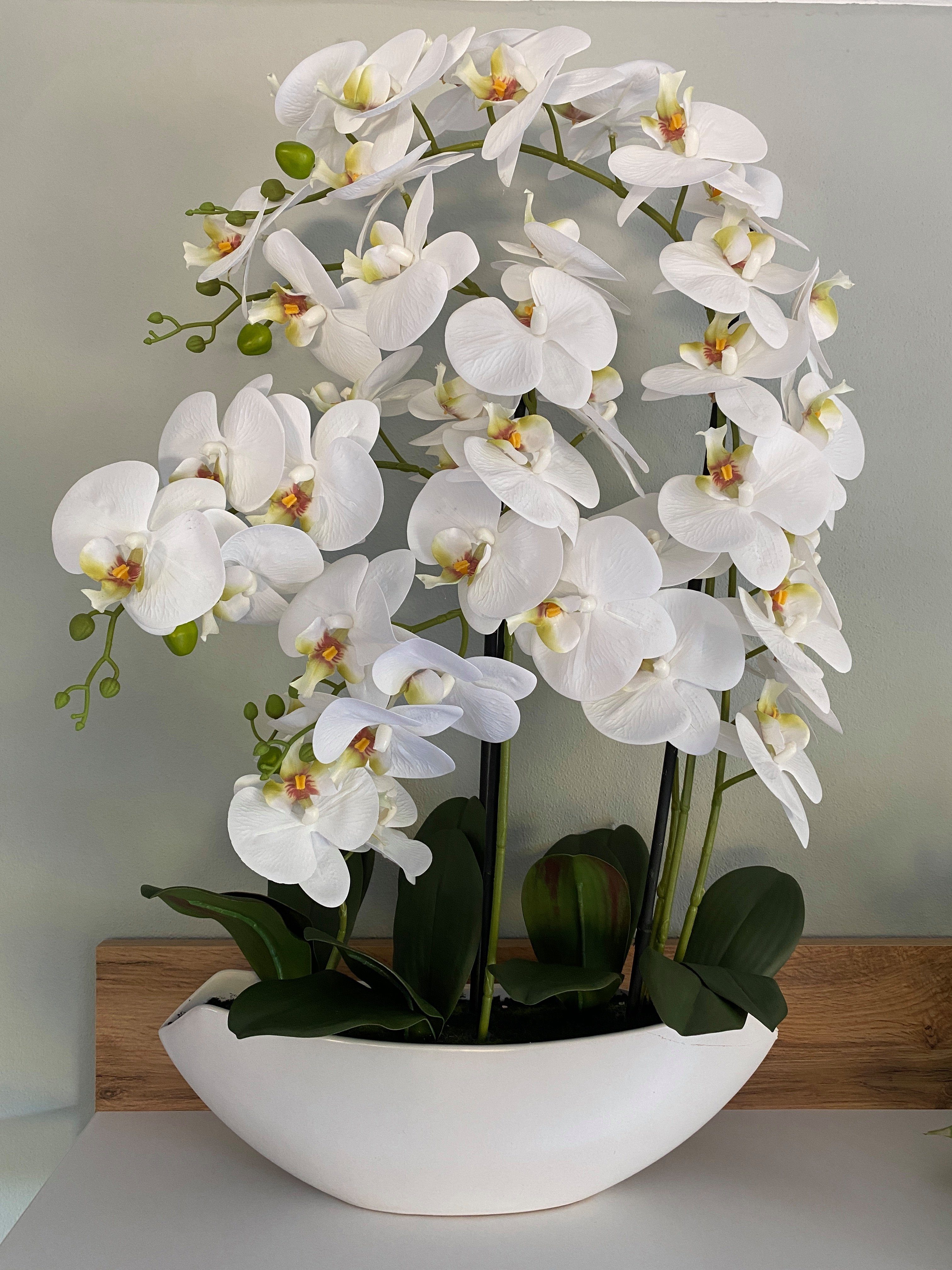 Kunstblume Orchidee Arrangement in weißem Keramiktopf, 70 cm, Dahlia Studios
