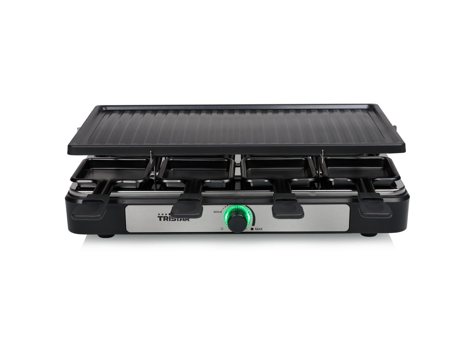 Tristar Raclette, 8 Raclettepfännchen, Gerät für 2-8 Personen Tischgrill Griddle Grillplatte Camping geeignet