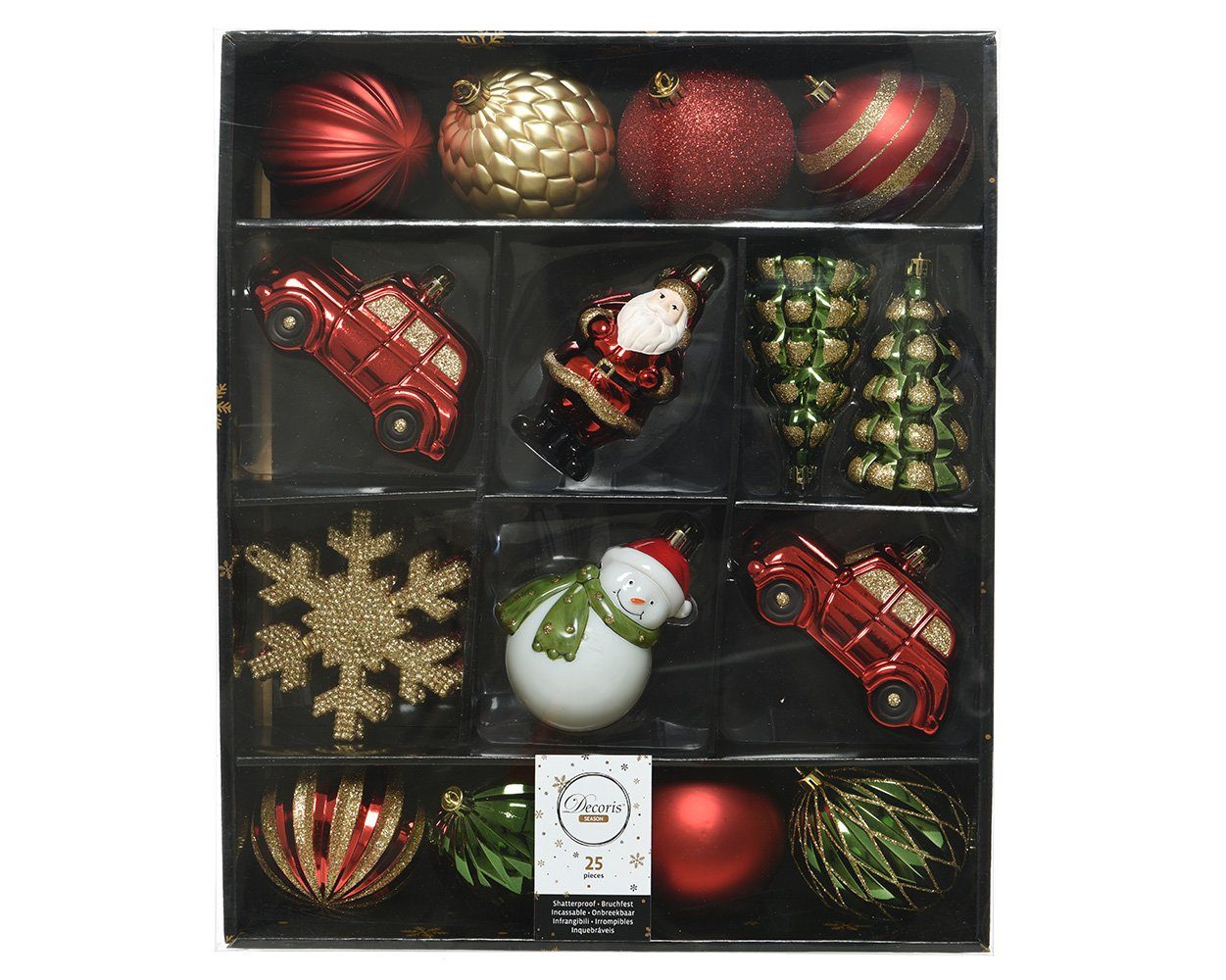 Decoris season decorations Christbaumschmuck, Weihnachtskugeln Kunststoff mit Figuren 8cm rot / gold, 25er Set
