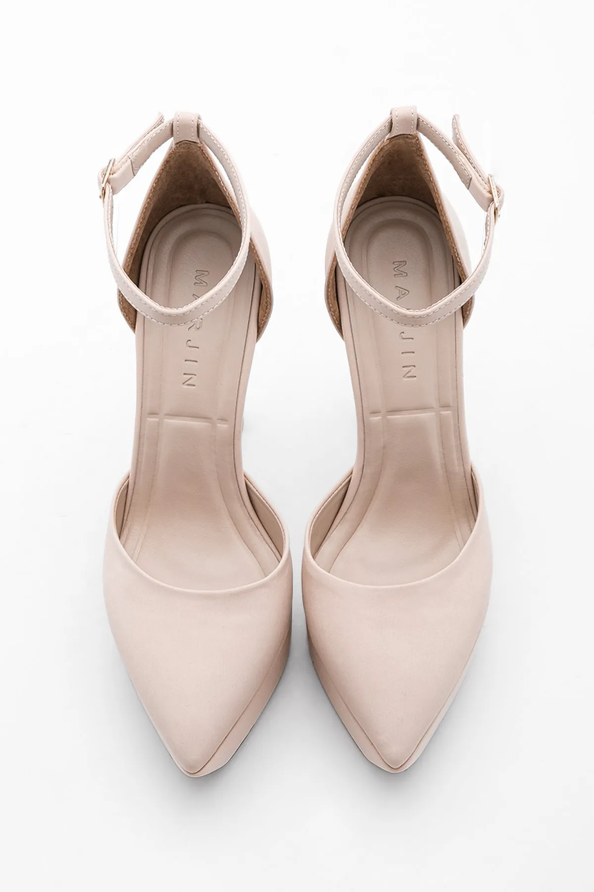 Marjin  Damen Plateau Abendschuhe mit Absatz und Knöchelriemen, spitze Zehenpartie, Tayos, Beige