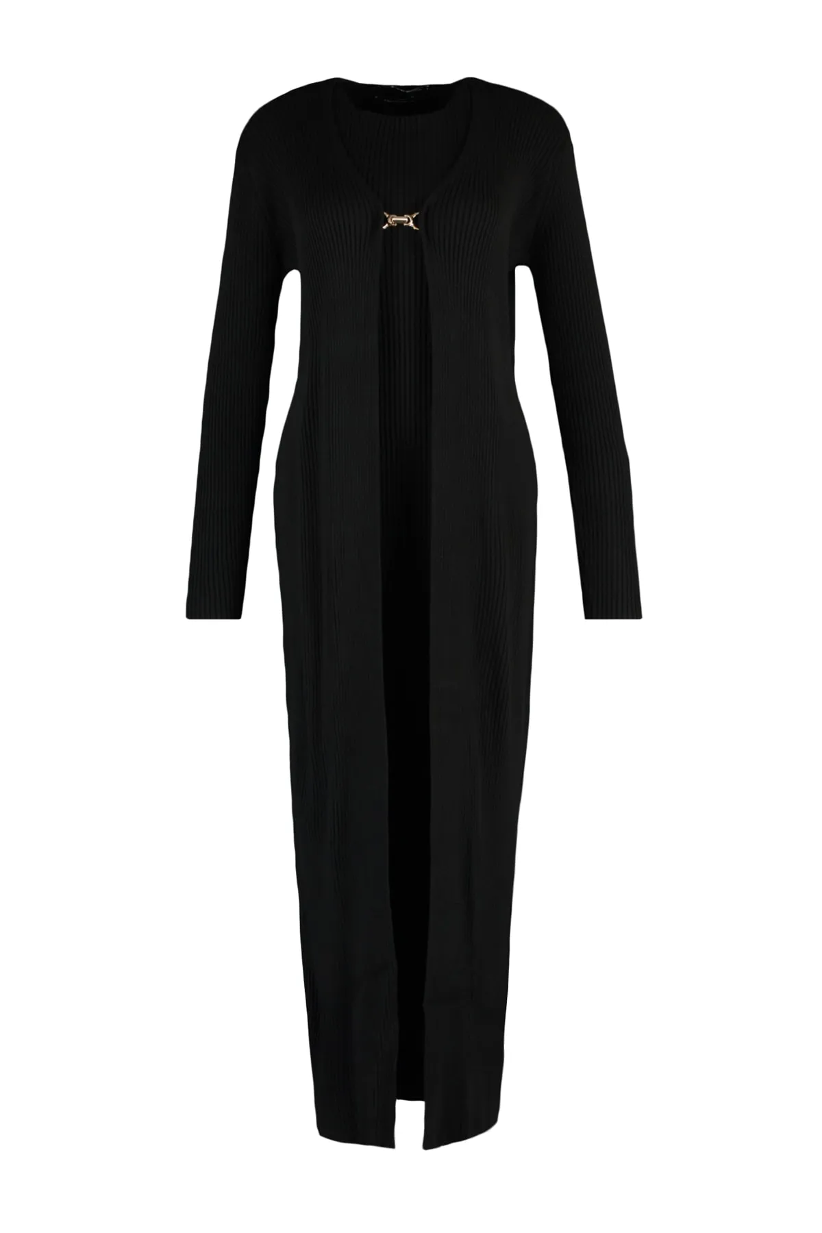 Trendyol Modest  Schwarzes Cord-Strickkleid-Cardigan-Set TCTAW23US00118