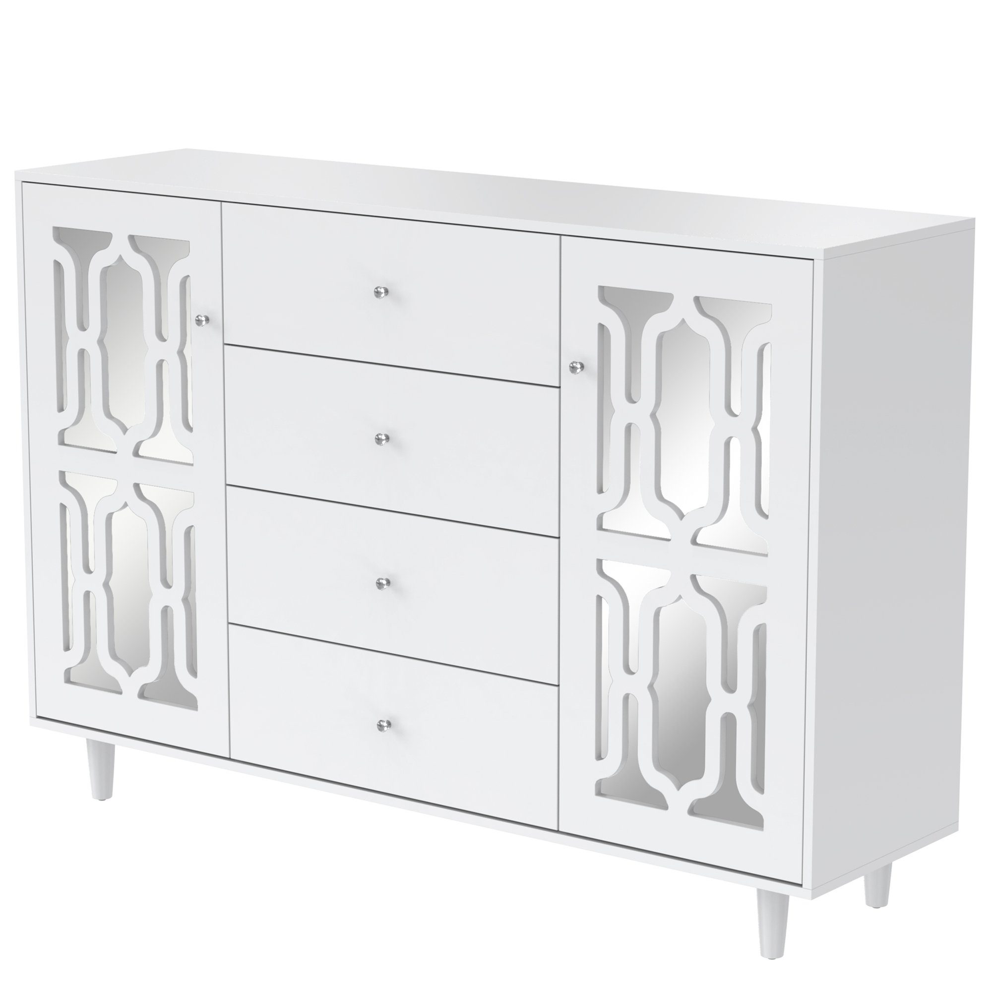 Merax Sideboard mit Spiegelelementen und geometrischem Trellis-Muster, Kommode mit vier Schubladen und Spiegelfront, Anrichte, Breite:148cm