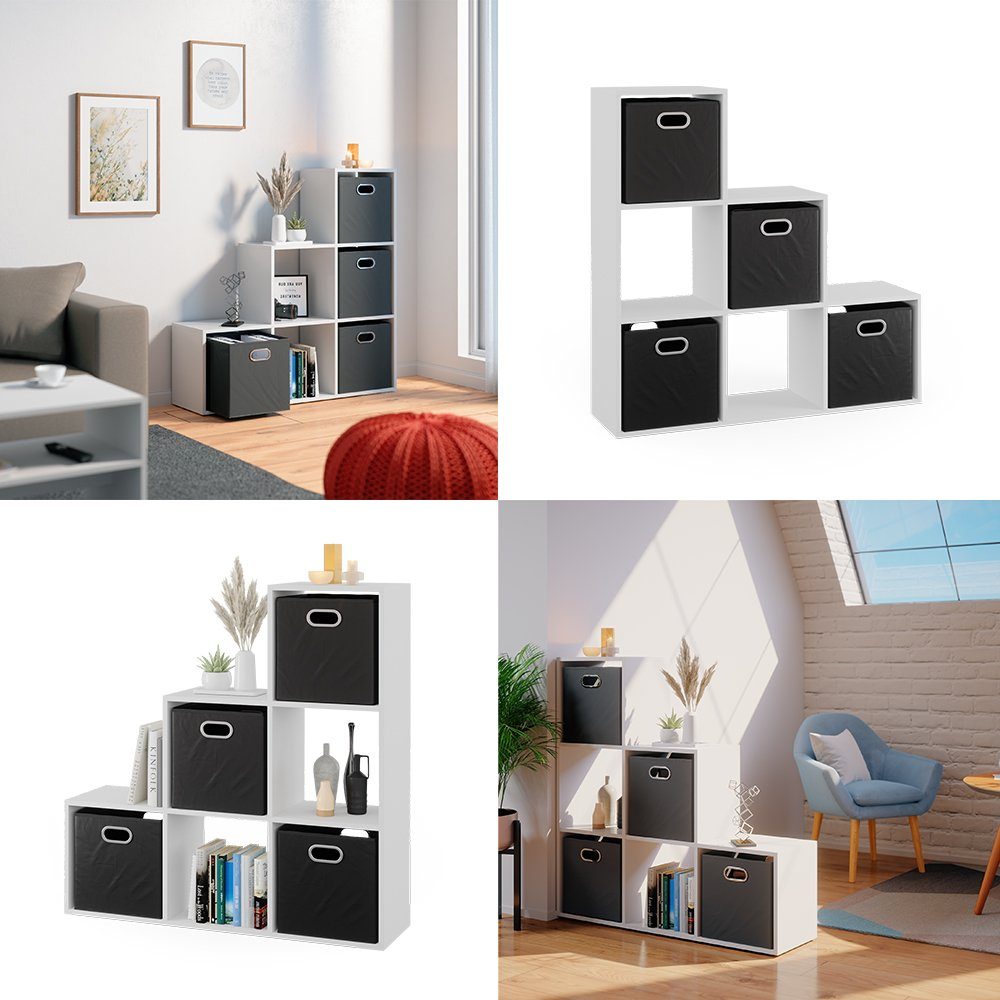 Vicco Raumteilerregal Treppenregal Bücherregal 6 Fächer Weiß + Faltboxen Anthrazit